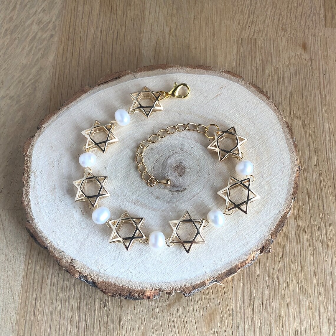 Herinnering & Hoop, Sieradenset van ketting, armband en oorbellen met Davidster en parels