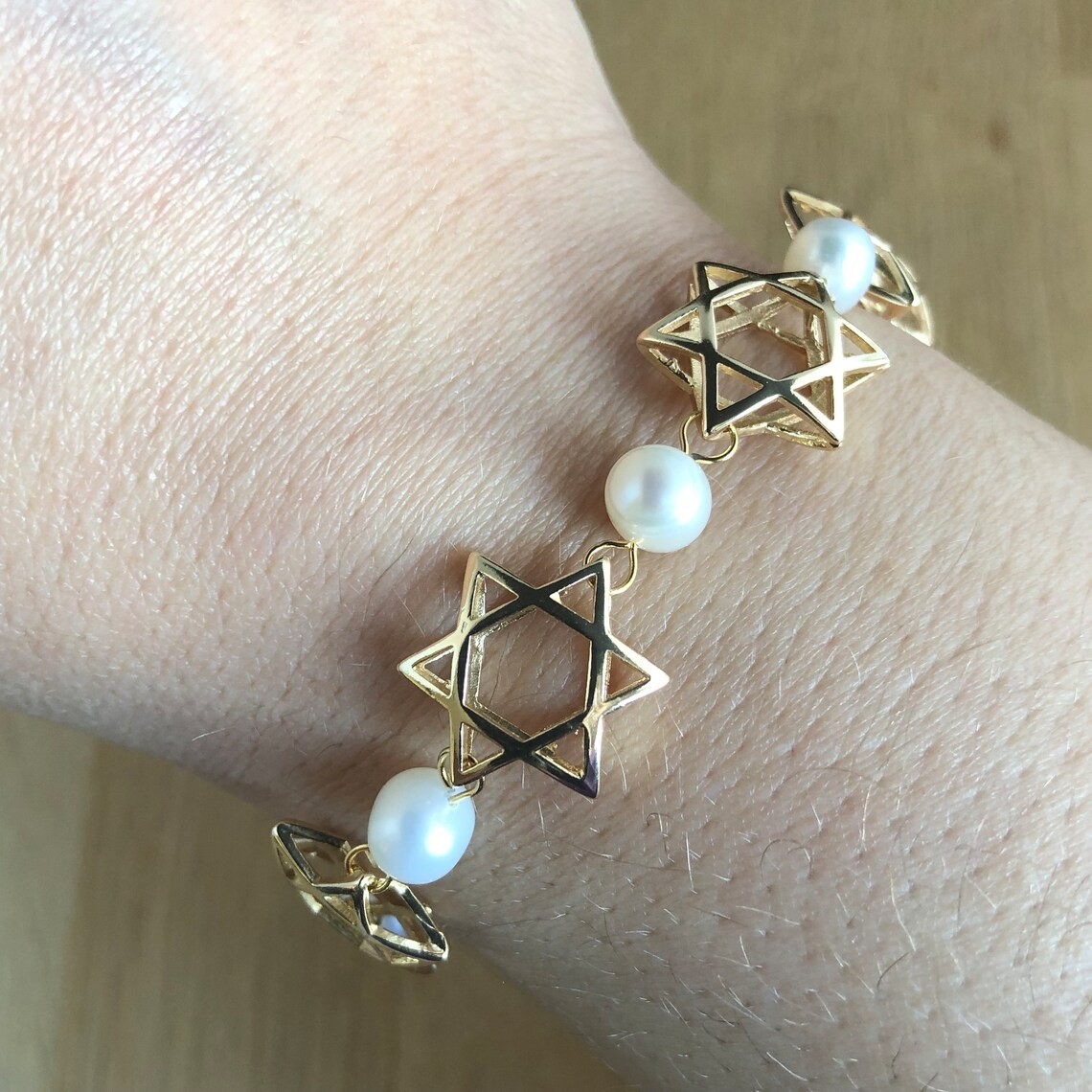 Herinnering & Hoop, Sieradenset van ketting, armband en oorbellen met Davidster en parels