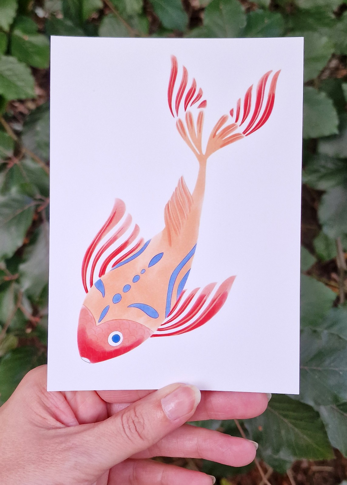 Set van 3 Aziatische Stijl Aquarel Kaarten, Vis, Bloem en Vogel