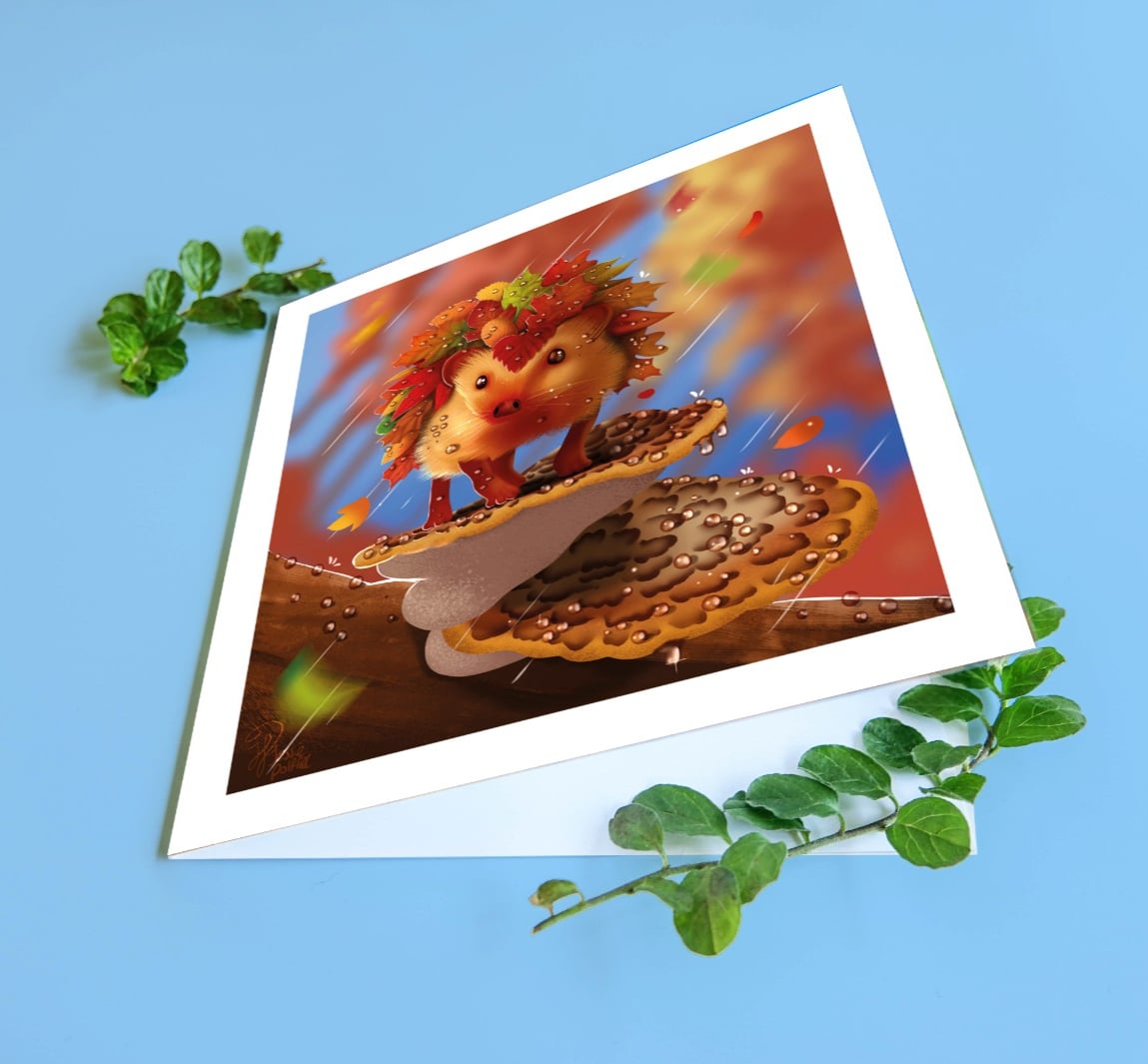 Herfst blad egel, gevouwen verjaardags kaart, 135x135mm - 154943 Herfst blad egel, gevouwen verjaardags kaart, 135x135mm