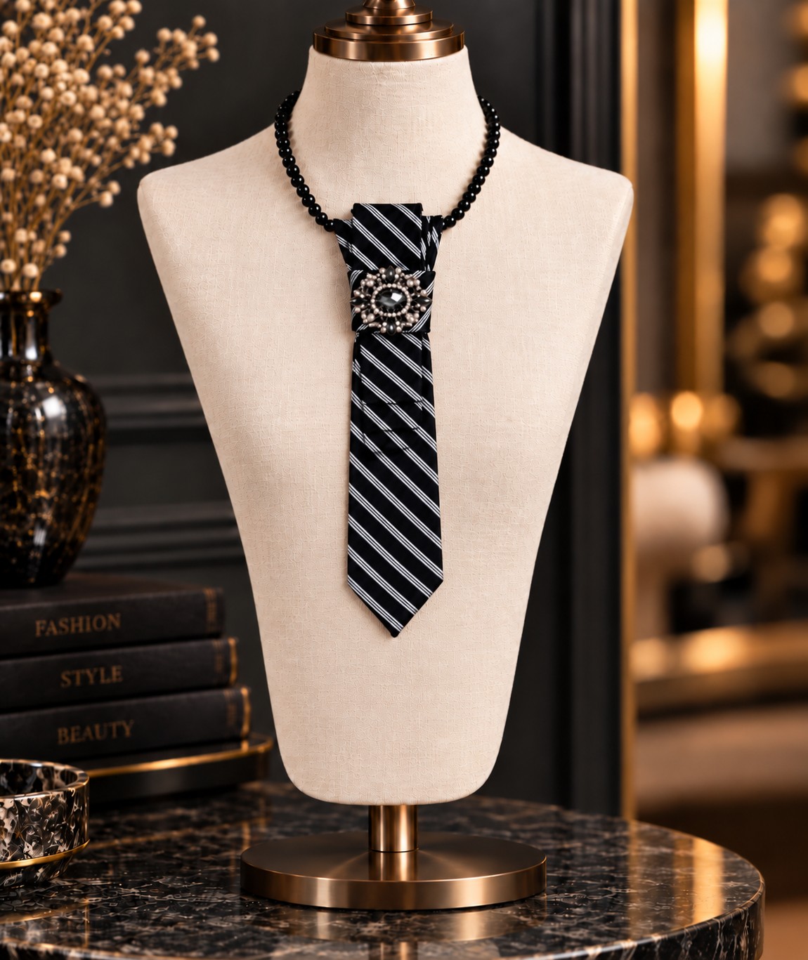 Handgemaakte stropdas ketting zwart/wit streepbroche – statement sieraad - tie necklace