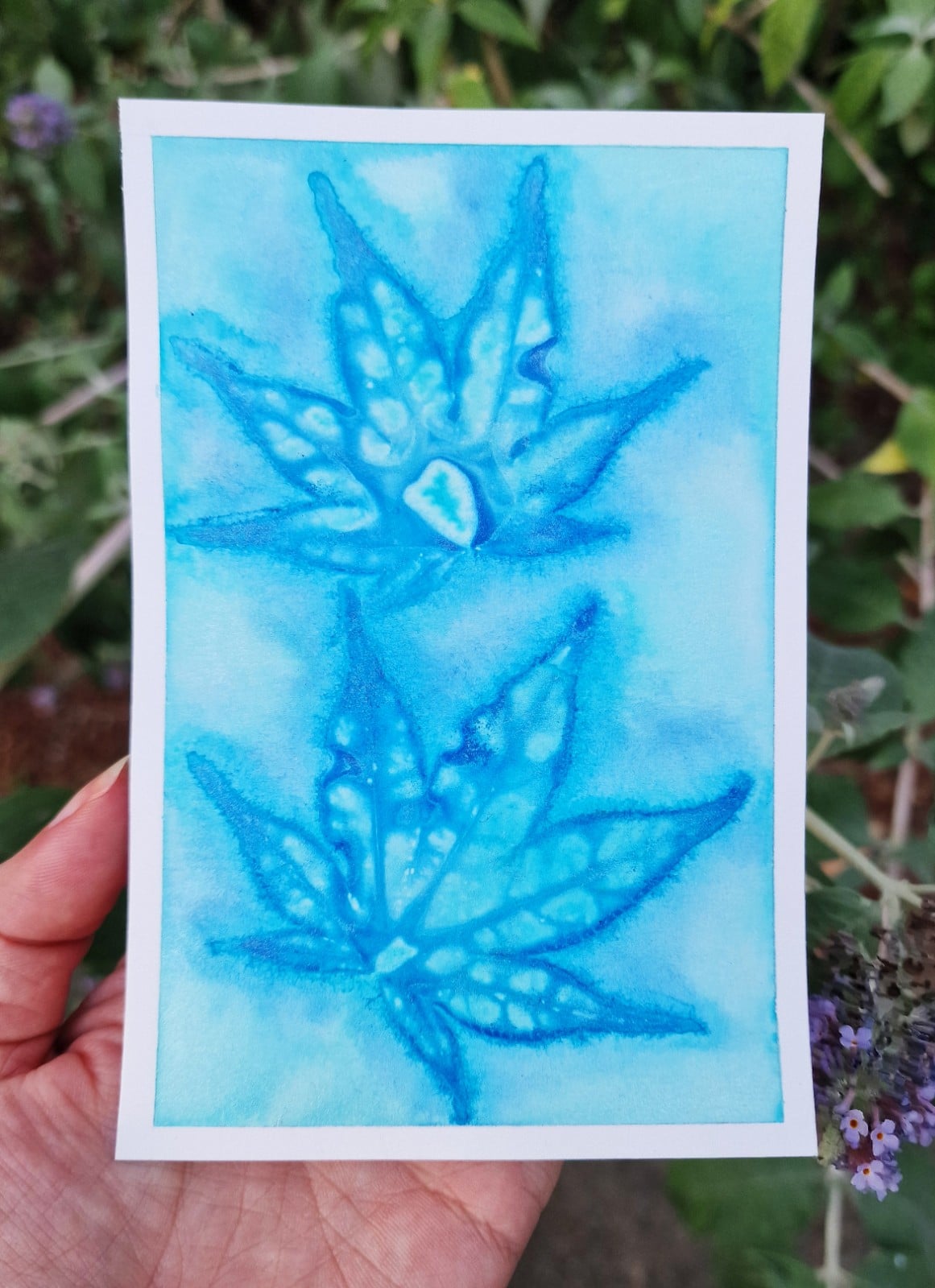 Bladeren in Blauw, Semi Abstract Schilderij Print/Kaart