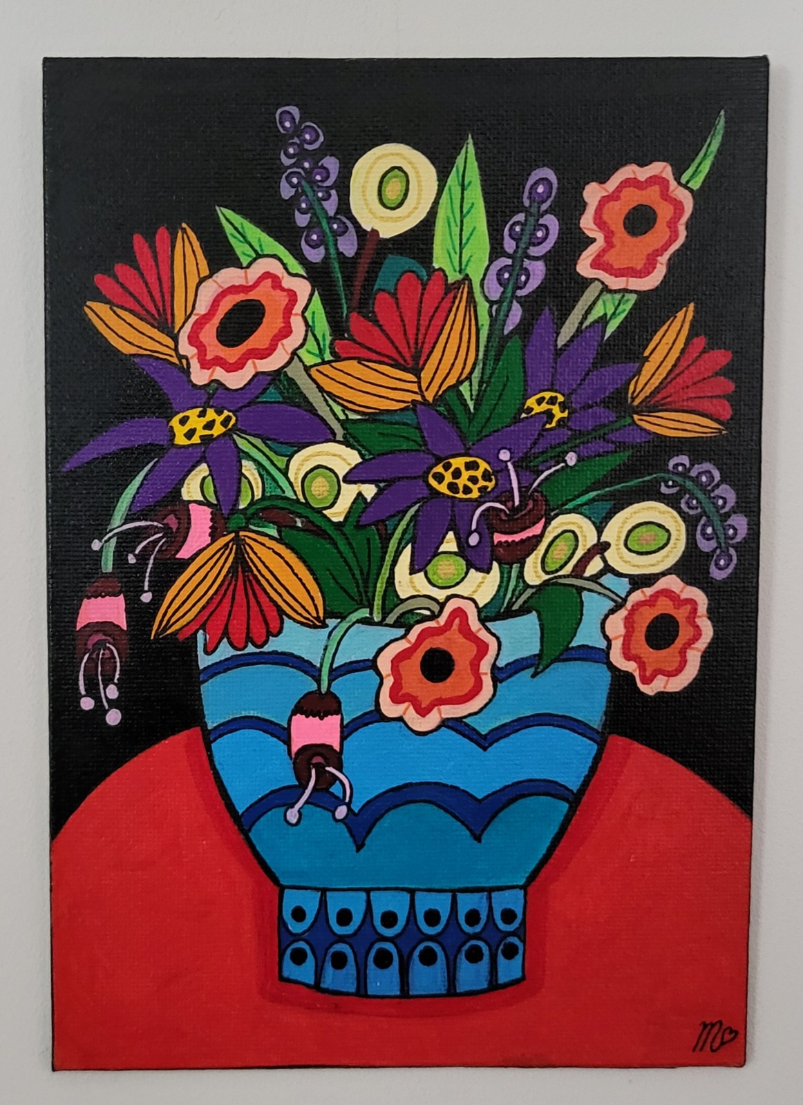 Canvas 21x15 'De blauwe bloempot' origineel acryl schilderij - 152181 Canvas 21x15 'De blauwe bloempot' origineel acryl schilderij