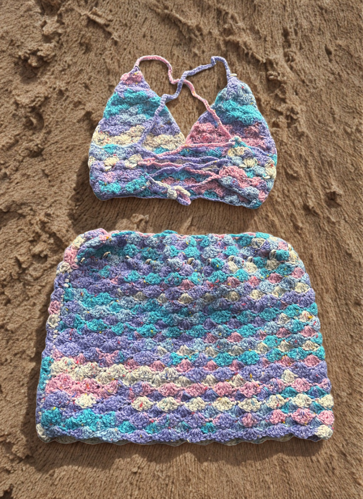 Mami Wata Seafoam - Gehaakte Crochet set - 127811 Mami Wata Seafoam - Gehaakte set van bralette & mini rok - XS