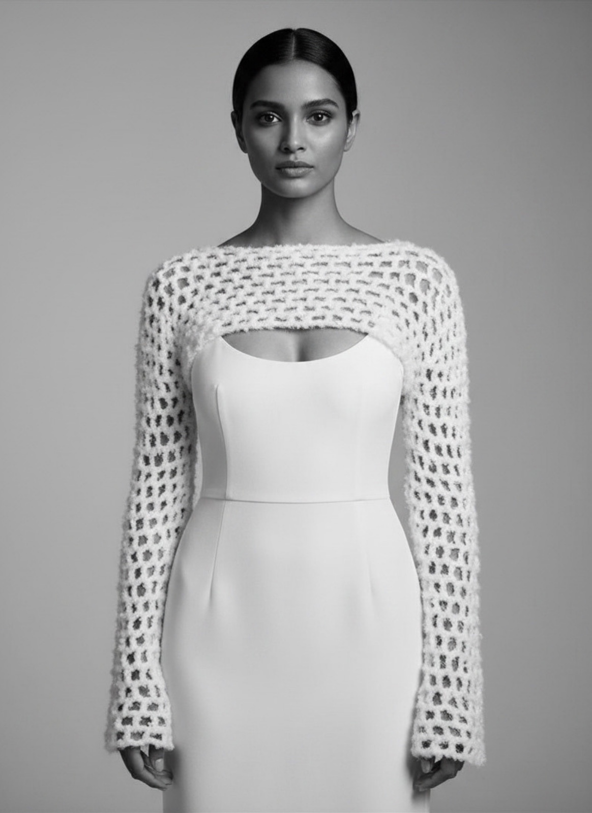 Sarasvati - Witte gehaakte teddy yarn shrug - M