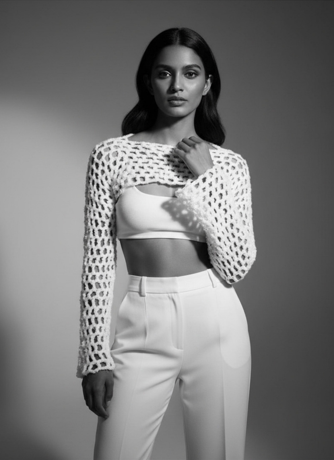 Sarasvati - Witte gehaakte teddy yarn shrug - M