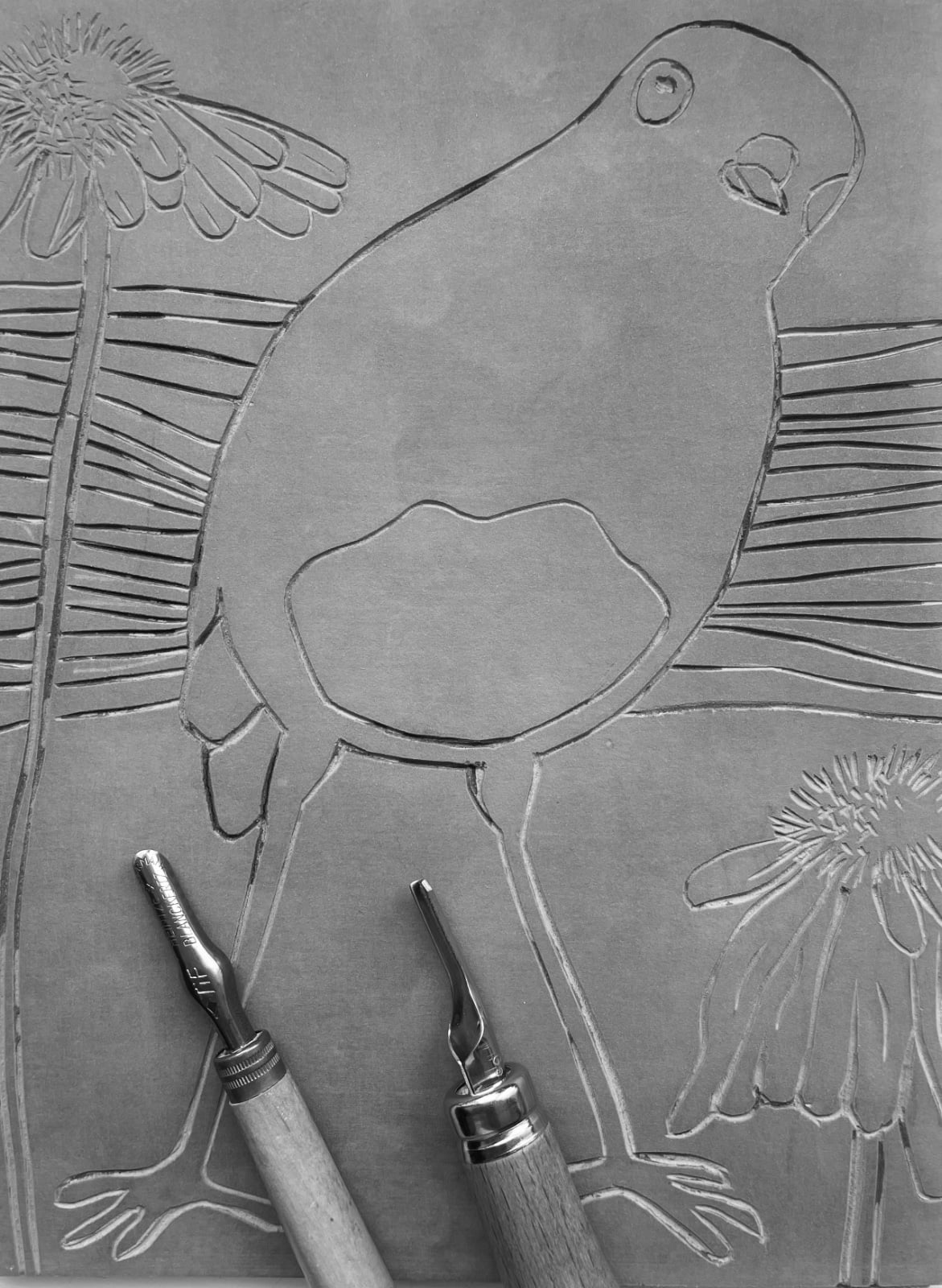 Linoprint nieuwsgierig vogeltje. - 152361 Linoprint nieuwsgierig vogeltje.