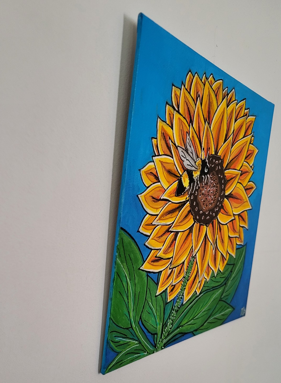 Canvas 'Zonnebloem met bij' origineel acrylschilderij 20x20 - 150271 Canvas 'Zonnebloem met bij' origineel acrylschilderij 20x20