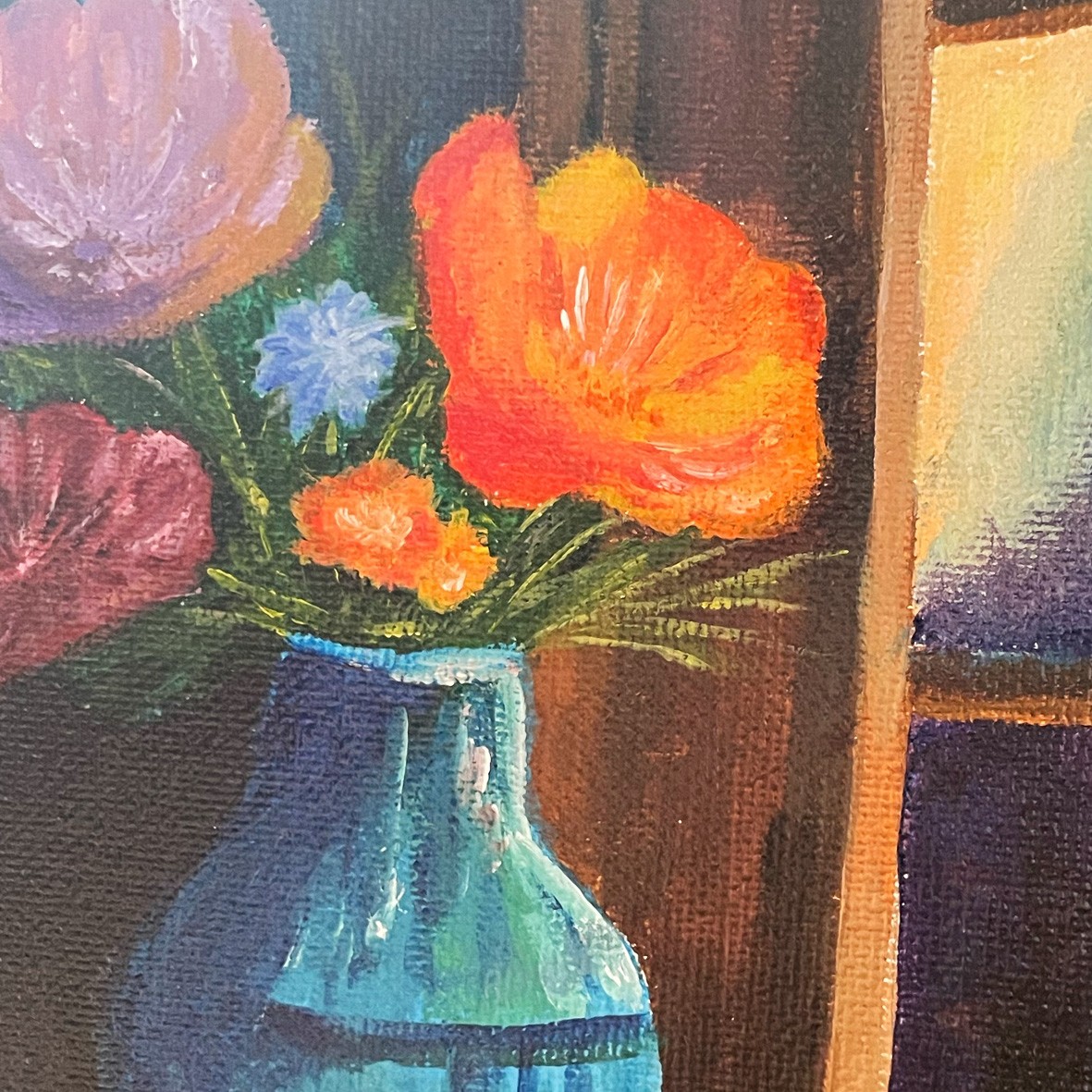 Handgeschilderd canvaspaneel 20x20 cm met lijst – Blauwe vaas met b… - 119034 Handgeschilderd canvaspaneel 20x20 cm met lijst – Blauwe vaas met bloemen | Uniek schilderij