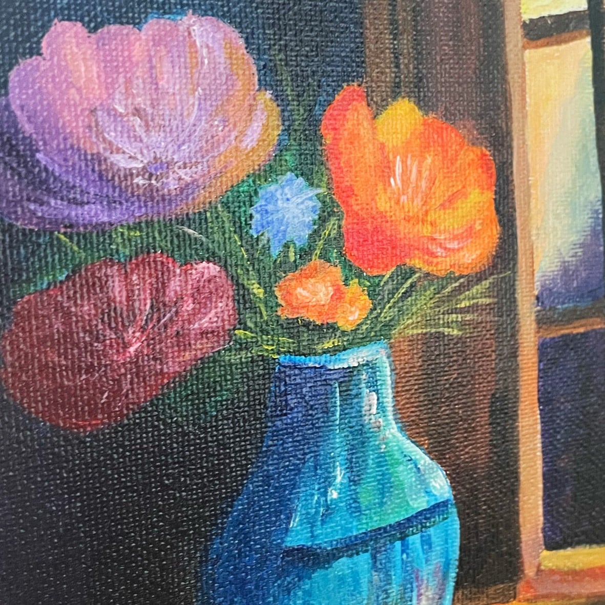 Handgeschilderd canvaspaneel 20x20 cm met lijst – Blauwe vaas met b… - 119037 Handgeschilderd canvaspaneel 20x20 cm met lijst – Blauwe vaas met bloemen | Uniek schilderij