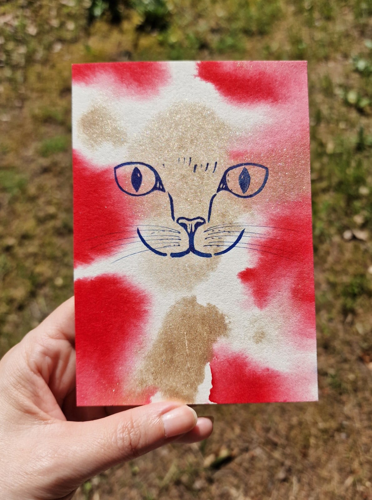 Handgemaakte Kaart Print, Katten Gezicht, Rood Goud Glitter - 131319 Handgemaakte Kaart Print, Katten Gezicht, Rood Goud Glitter