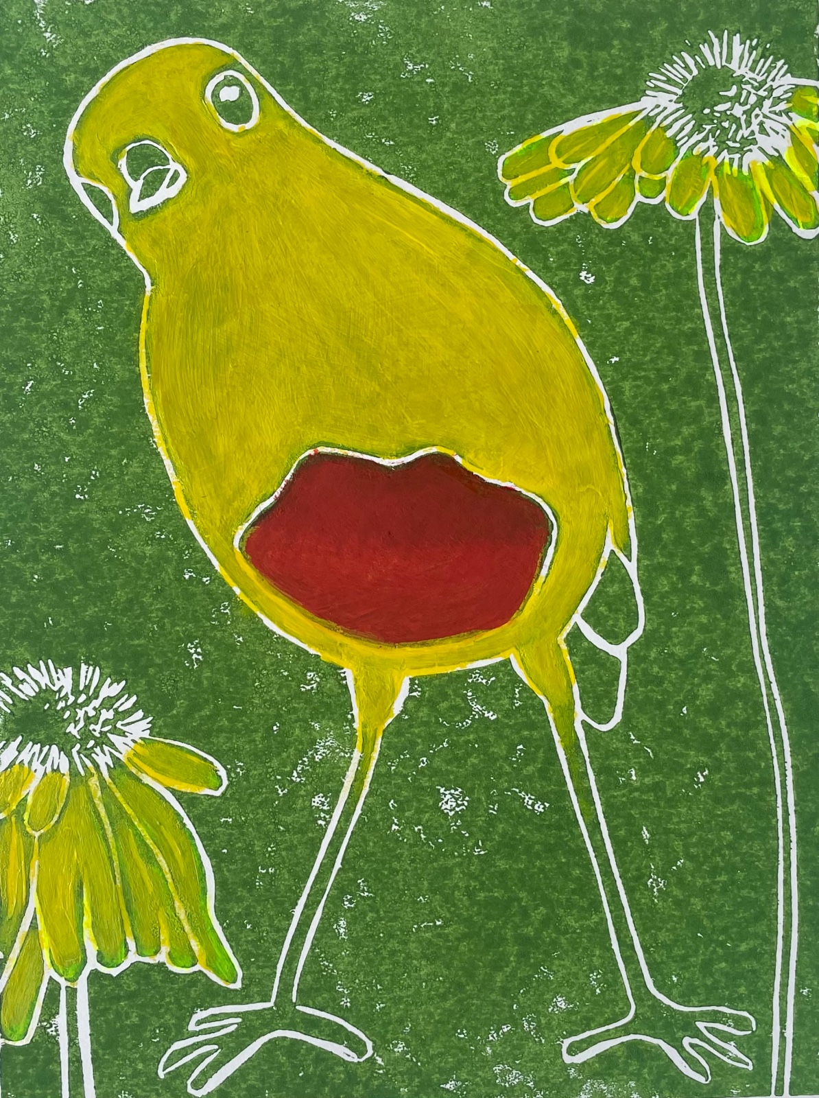 Linoprint nieuwsgierig vogeltje. - 152355 Linoprint nieuwsgierig vogeltje.