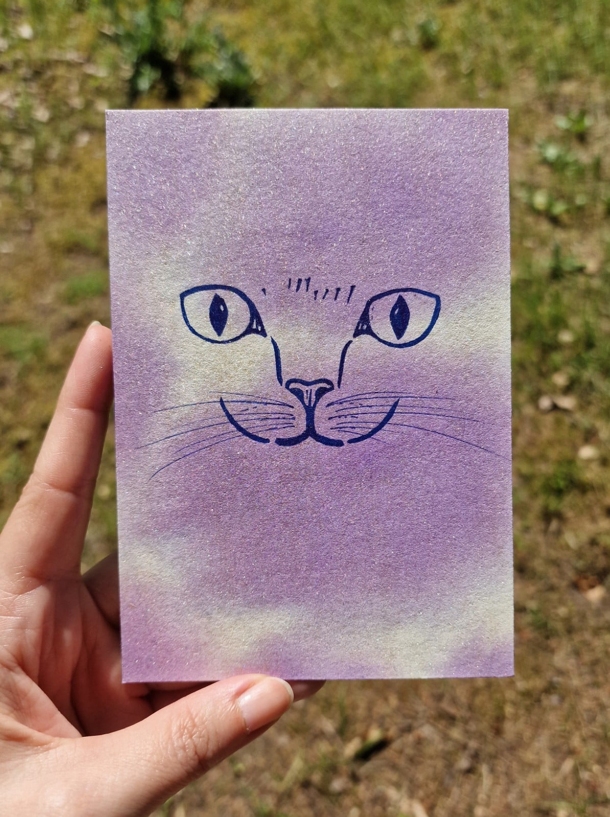 Handgemaakte Kaart Print, Katten Gezicht, Lila Paars Goud Glitter - 131314 Handgemaakte Kaart Print, Katten Gezicht, Lila Paars Goud Glitter