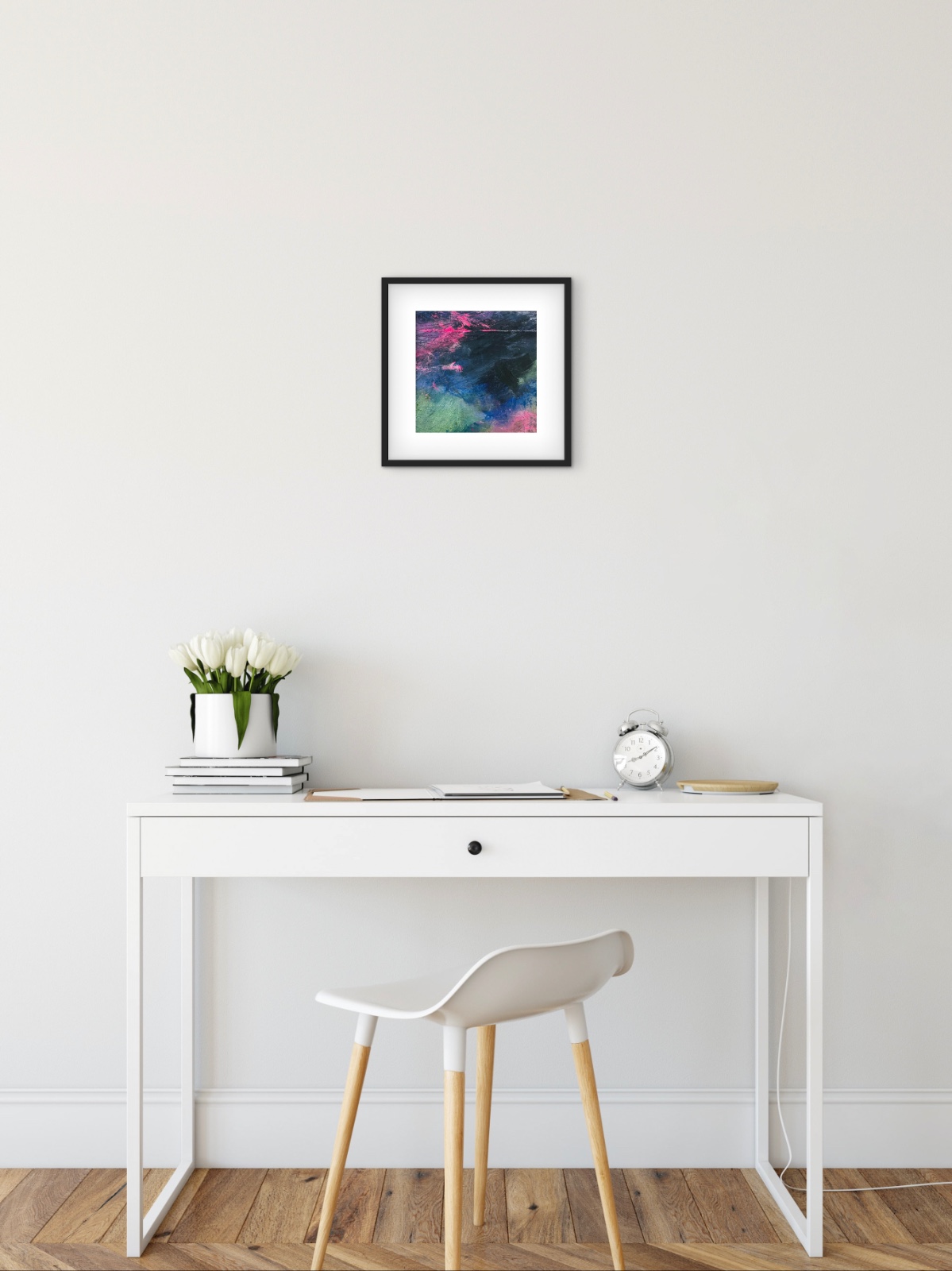 Abstract Schilderij Donkerblauw & Neonroze – Acryl op Hout 32x32cm – ‘Neon Nightfall’