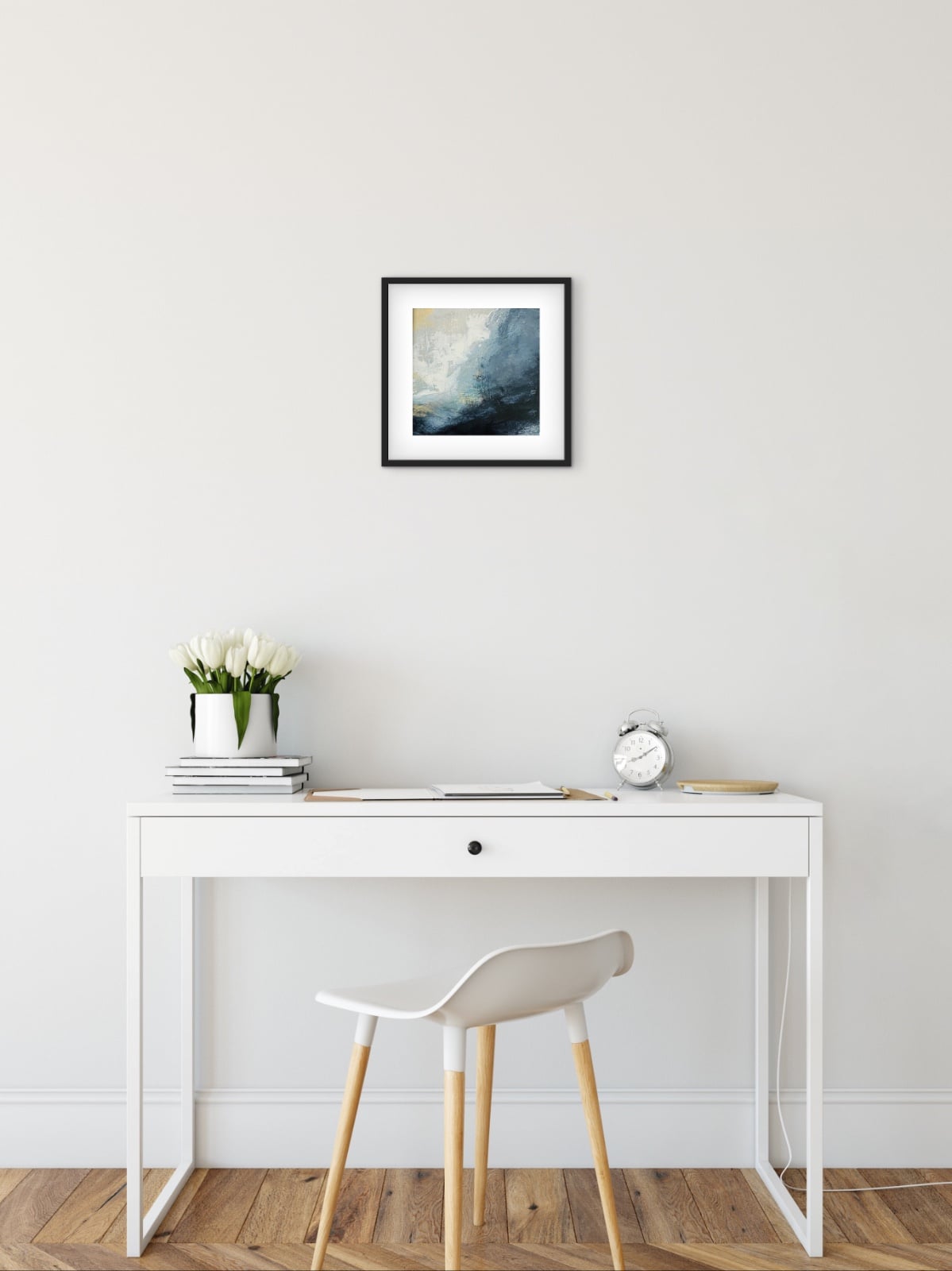 Abstract Schilderij Blauwgrijs & Marine – Acryl op Hout 32x32cm – ‘Storm Whisper’