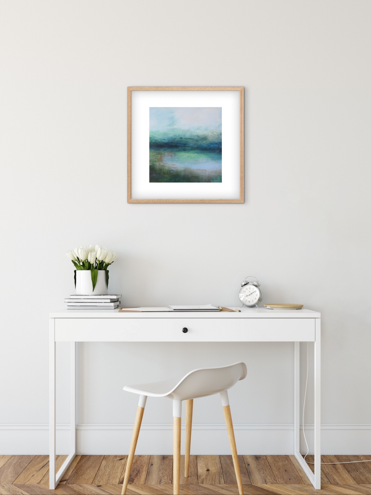 Landschapschilderij Blauw & Lichtgroen – Acryl op Hout 50x50cm – ‘Silent Waters’