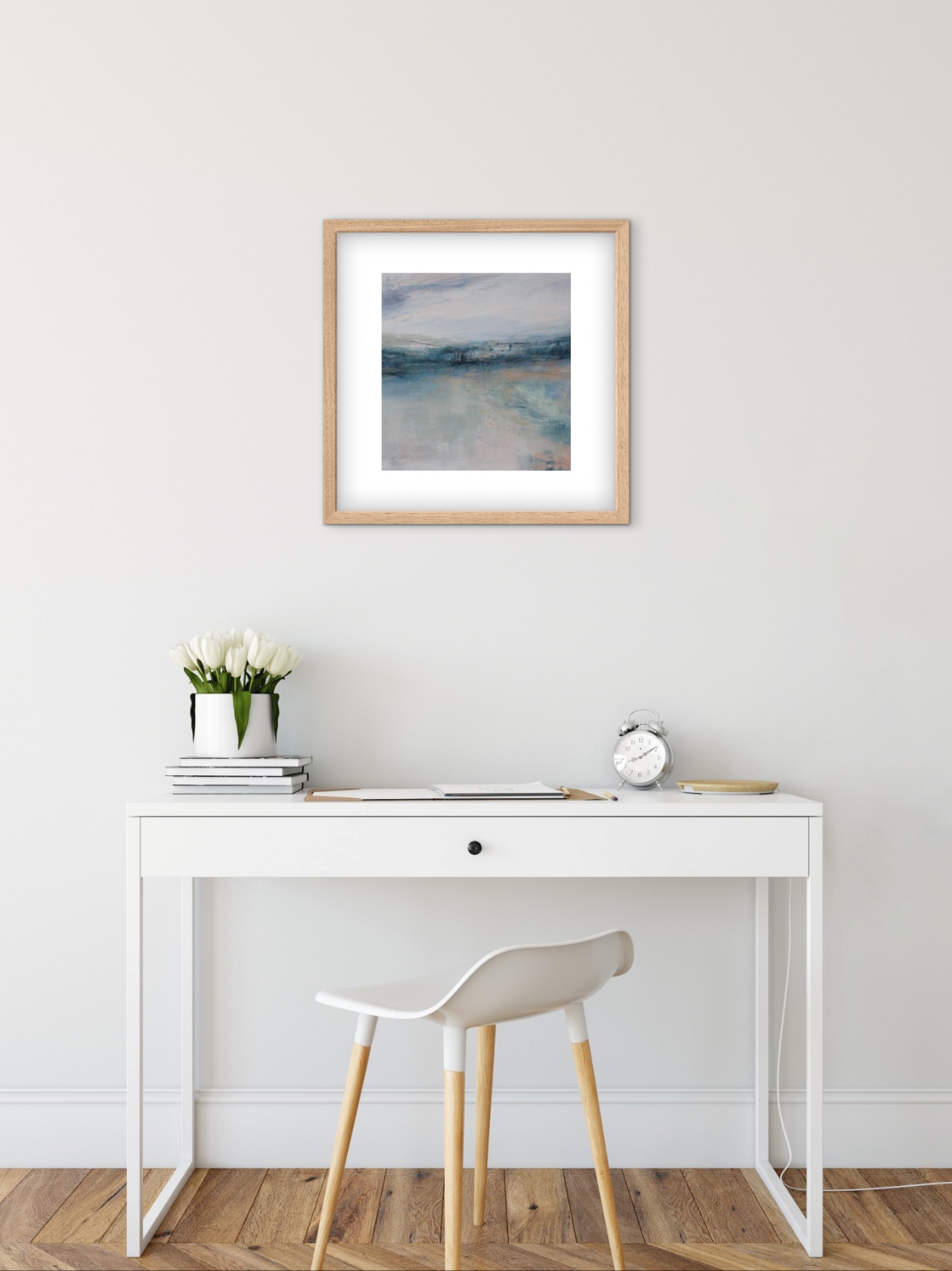 Landschapschilderij Blauw & Beige – Acryl op Hout 50x50cm – ‘Calm Reflections’