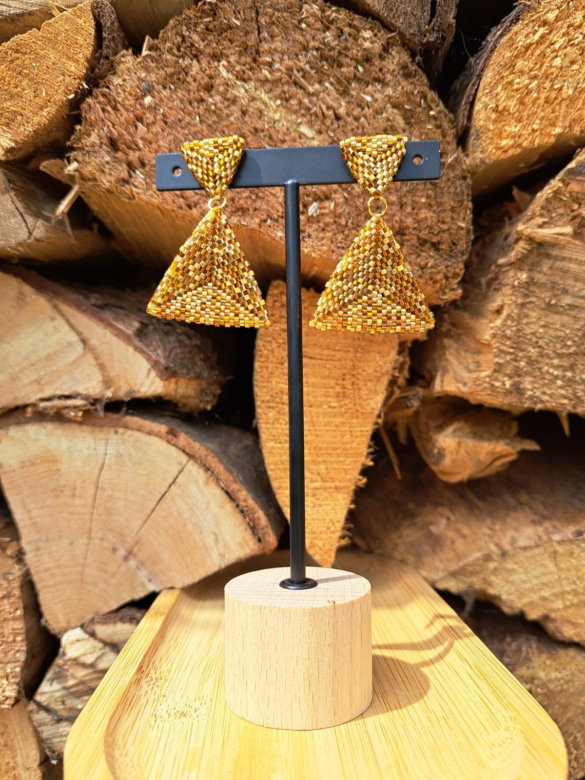 Confetti Kralenoorbellen Midas Touch – handgemaakt met Miyuki kralen in goudtinten & RVS oorstekers (5 cm) SALE!