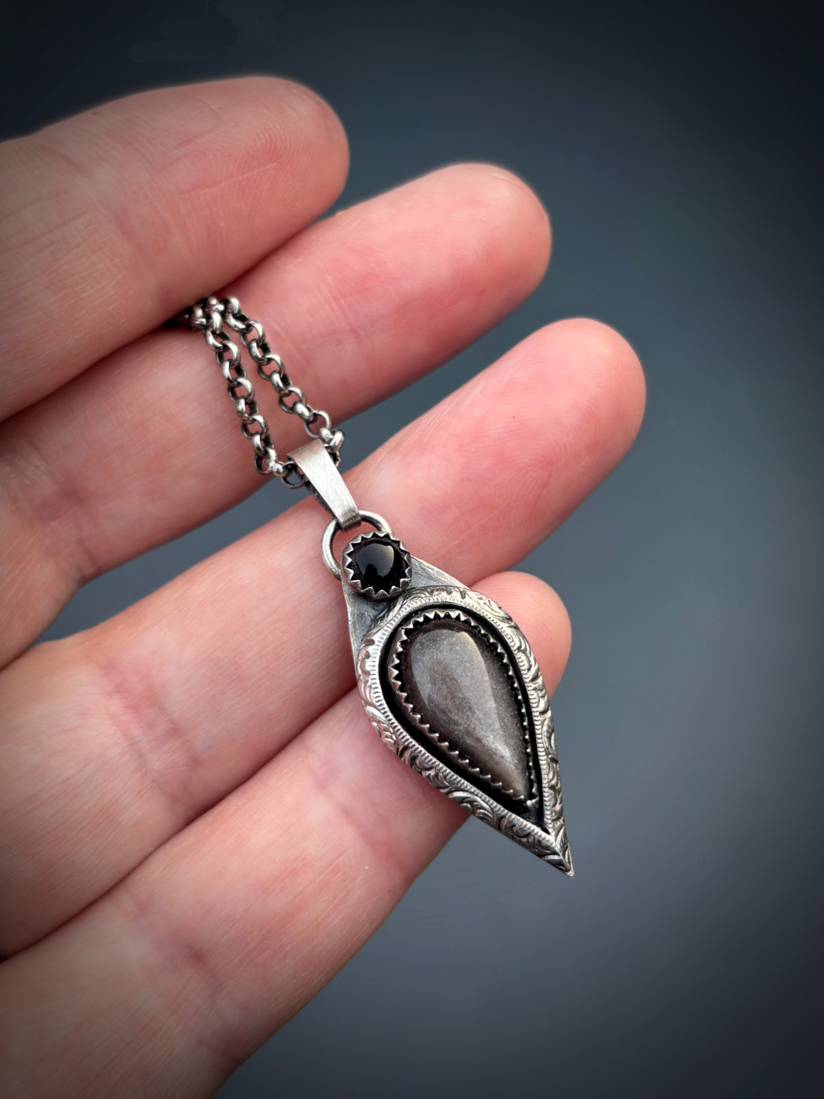 Handgemaakte zilveren hanger met zilver Obsidiaan en zwarte Onyx – zonder ketting