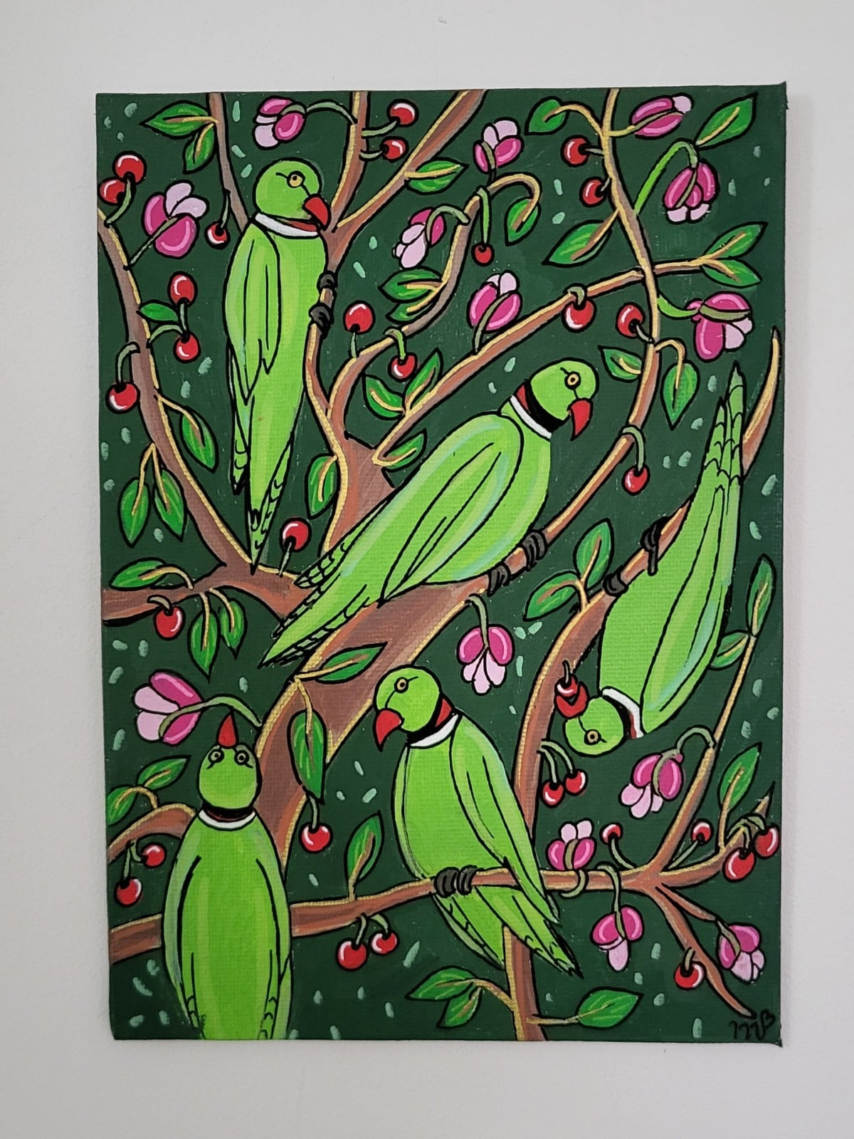 Schilderij 21x15 'Halsband parkieten' origineel acryl canvas - 153748 Schilderij 21x15 'Halsband parkieten' origineel acryl canvas