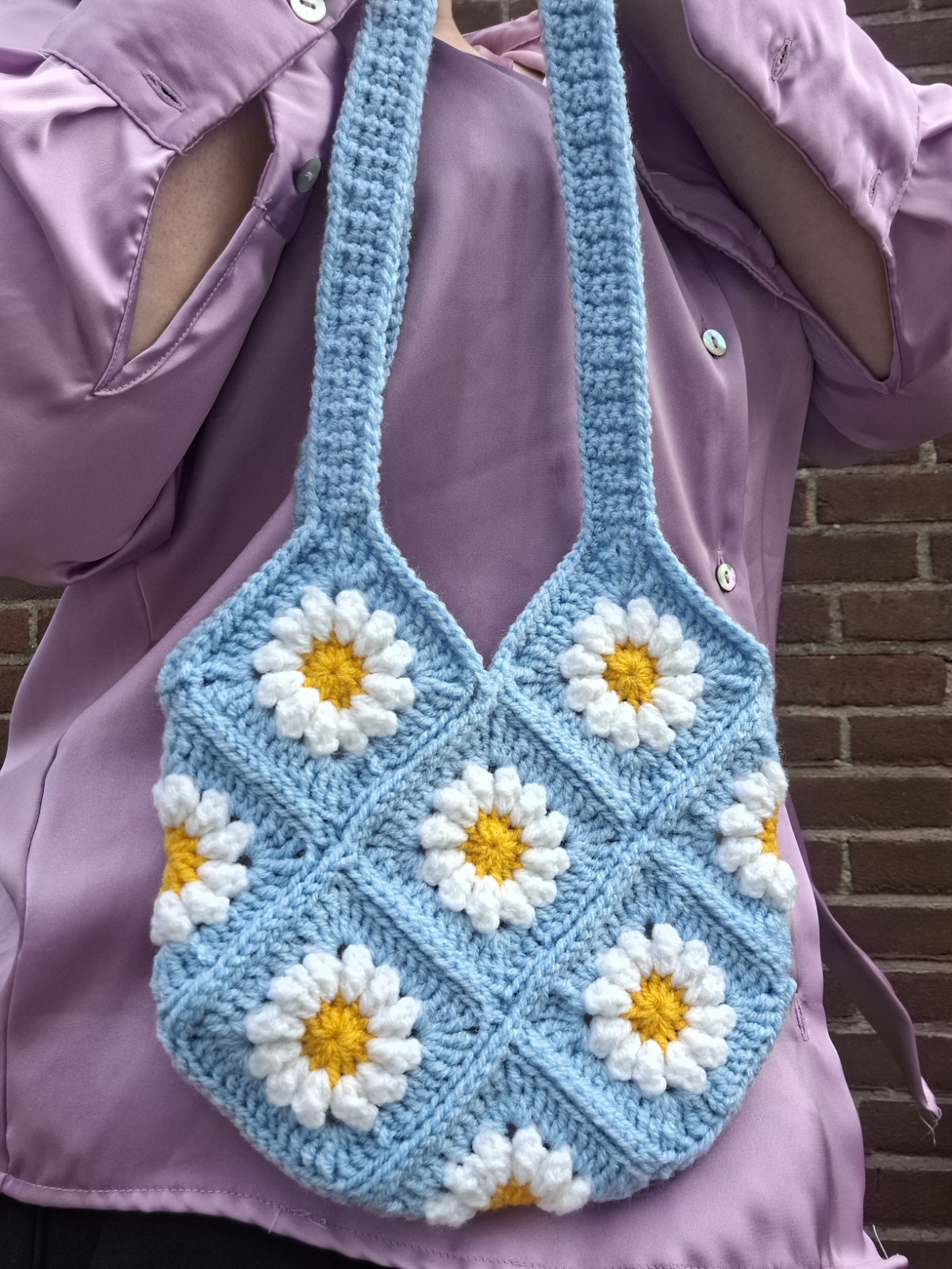 Gehaakte tas | Blauwe madeliefjes