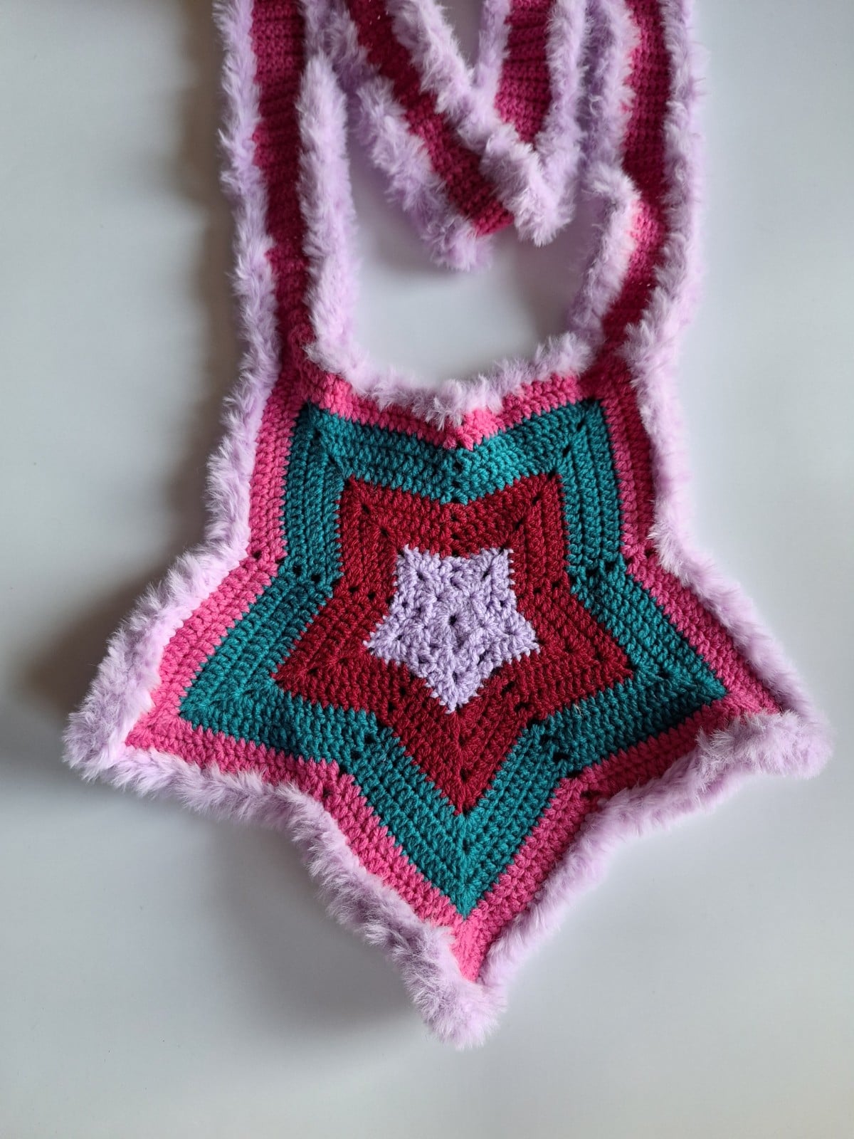 Gehaakte tas | Lila, wijnrood, petrol en fuchsia ster
