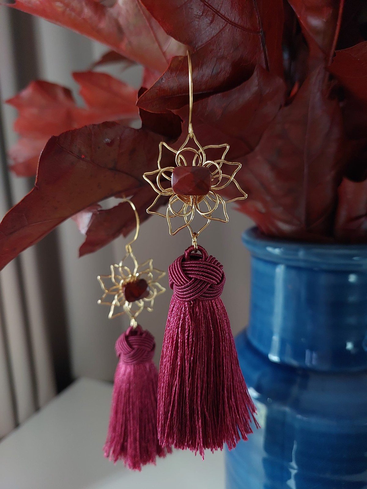 Natural Red Jasper Flower Tassel Earrings Gold Rouge - 59043.jpeg Natuurlijke rode Jaspis kwast oorbellen