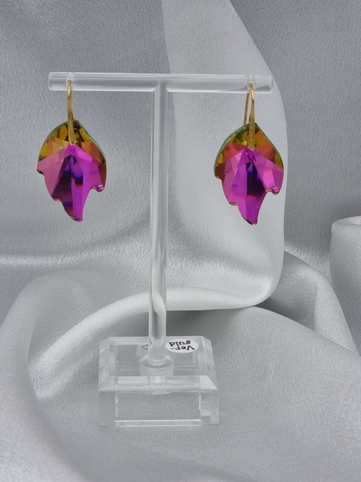 Handgemaakte kristallen oorbellen blad - roze/geel - 60674.jpeg Handgemaakte kristallen oorbellen blad - roze/geel