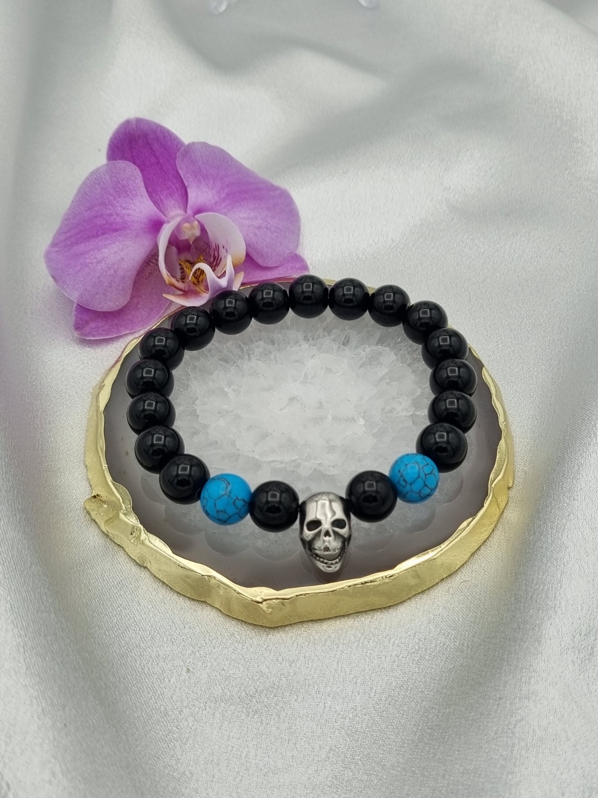 Handgemaakte herenarmband Black Onyx doodskop