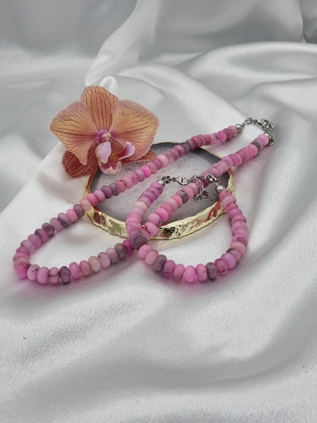 Handgemaakte sieraden set natuursteen - roze/grijs - 75300.jpeg Handgemaakte sieraden set natuursteen - roze/grijs