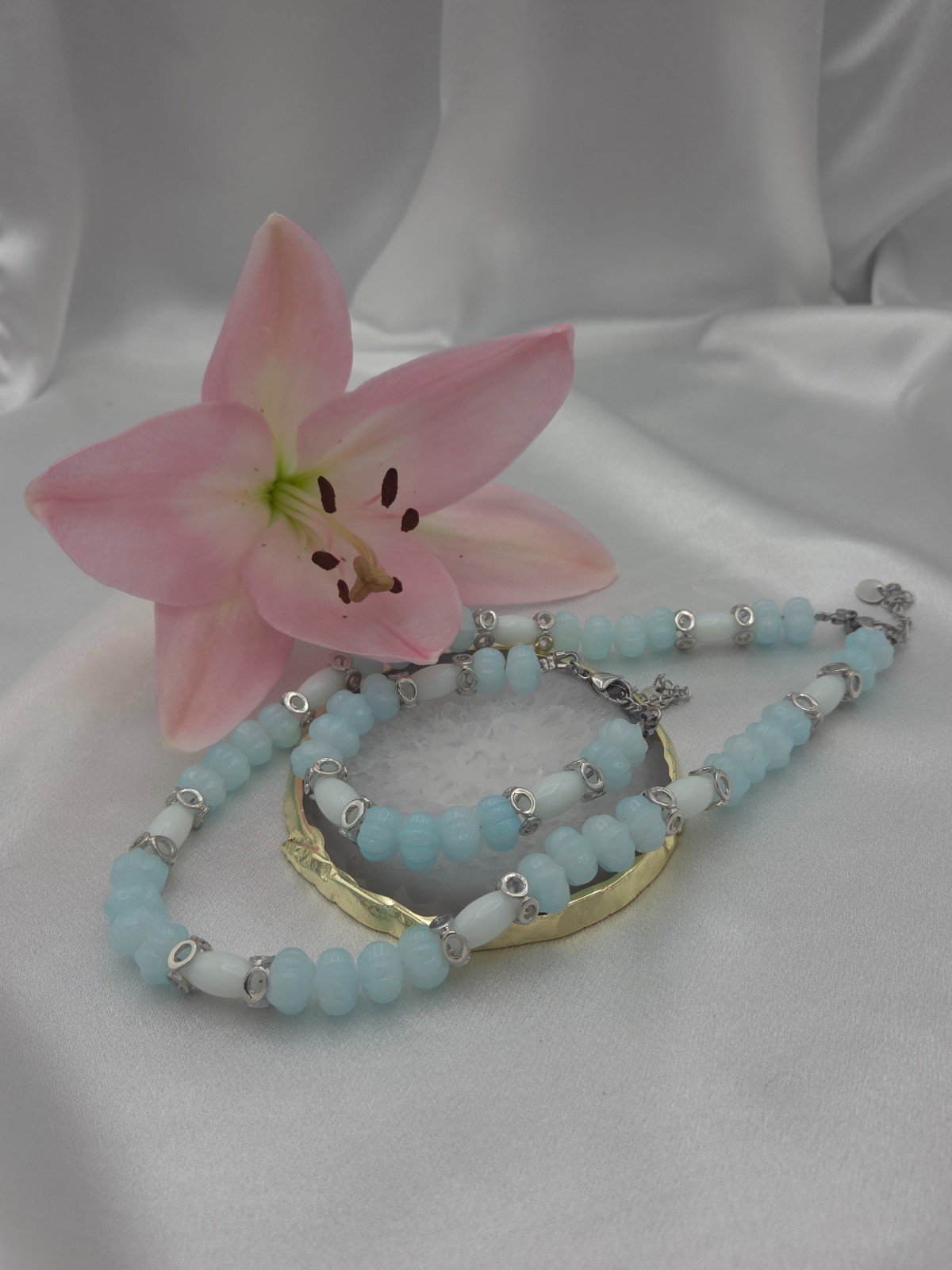 Sieradenset glas en Jade - lichtblauw/wit - 82627 Sieradenset glas en Jade - lichtblauw/wit