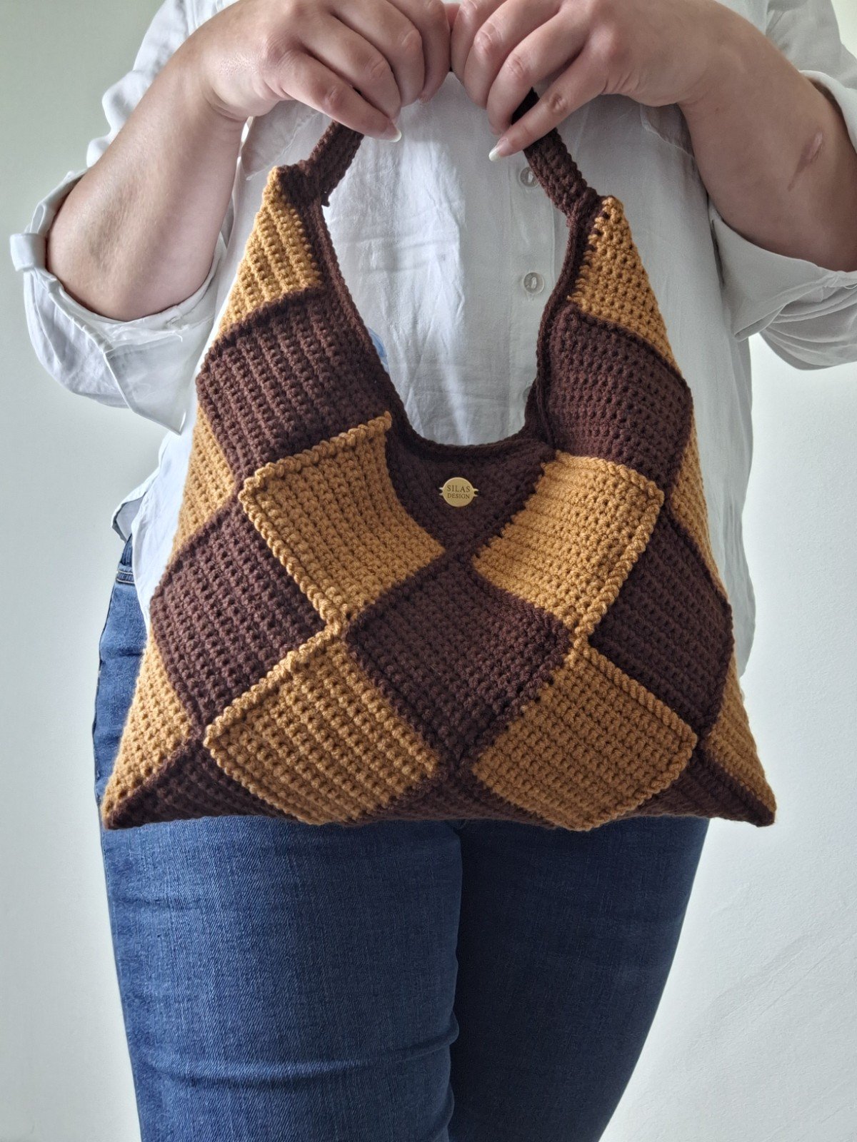 Gehaakte checker handtas 'Bruin en caramel' - 86018 Gehaakte checker handtas 'Bruin en caramel'