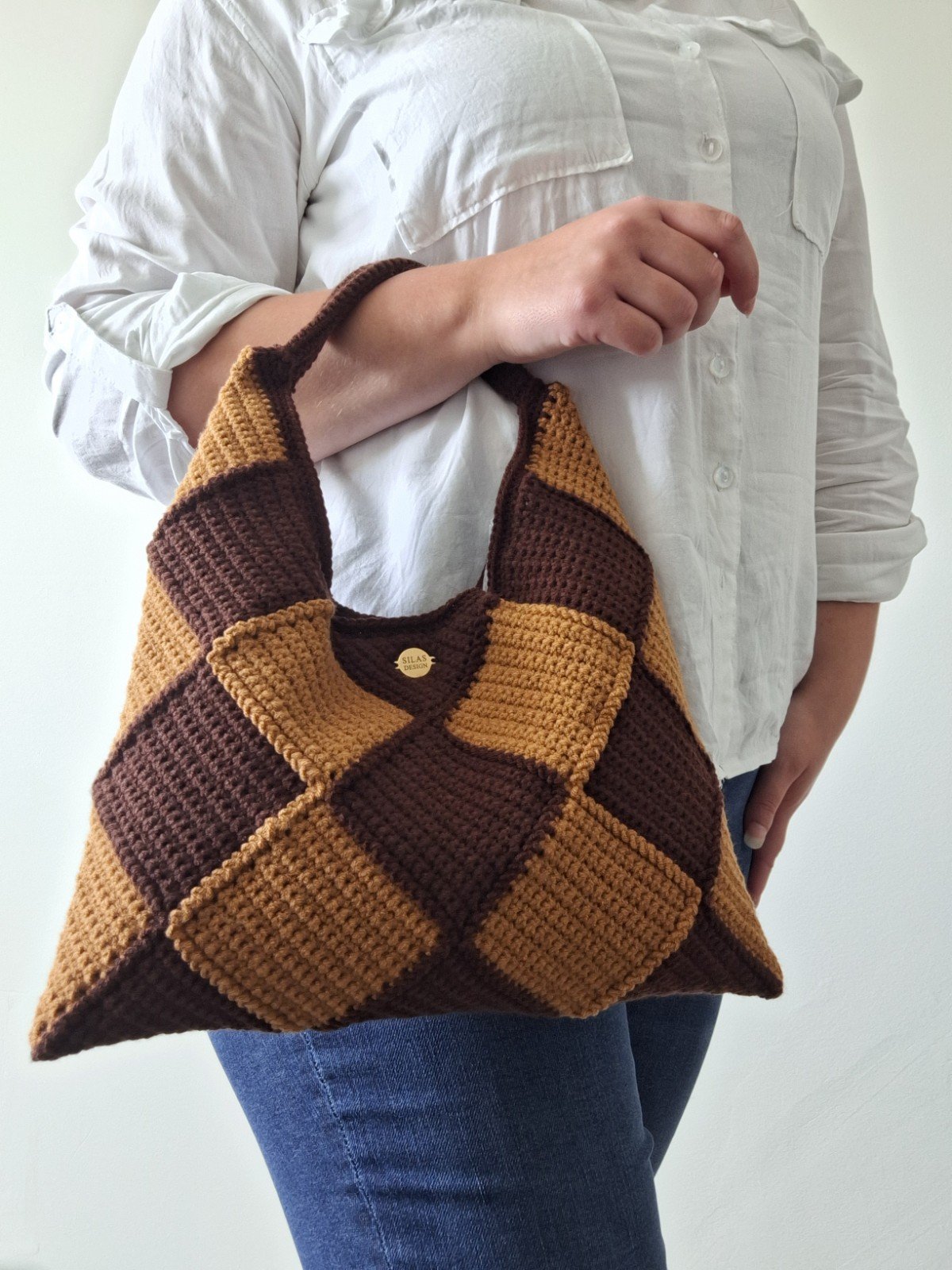 Gehaakte checker handtas 'Bruin en caramel' - 86023 Gehaakte checker handtas 'Bruin en caramel'