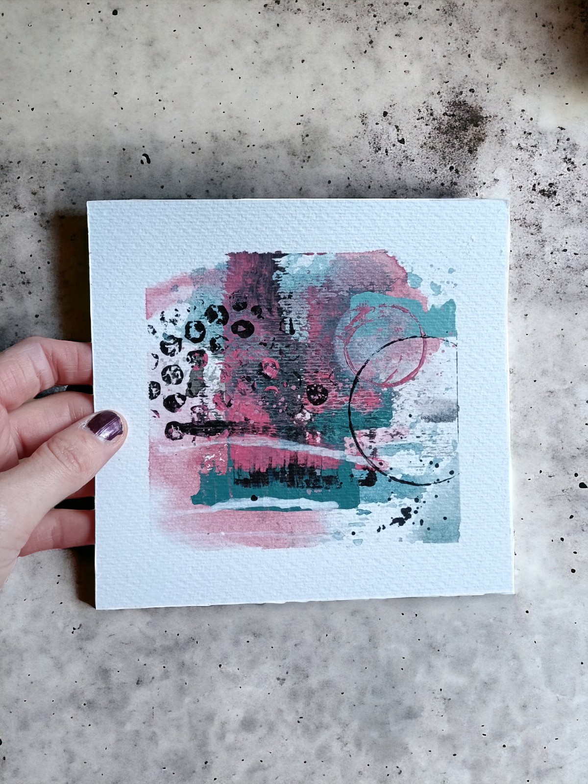 Kunstkaart - mini schilderij - roze groen medium