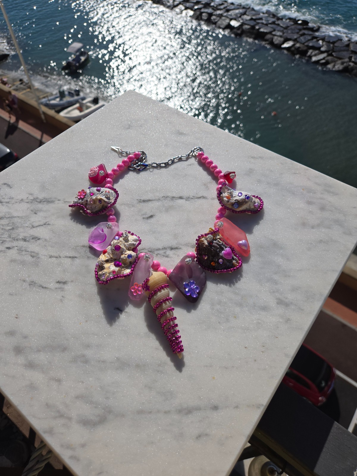 Roze Zeeglas, Schelpen en Glitter ketting