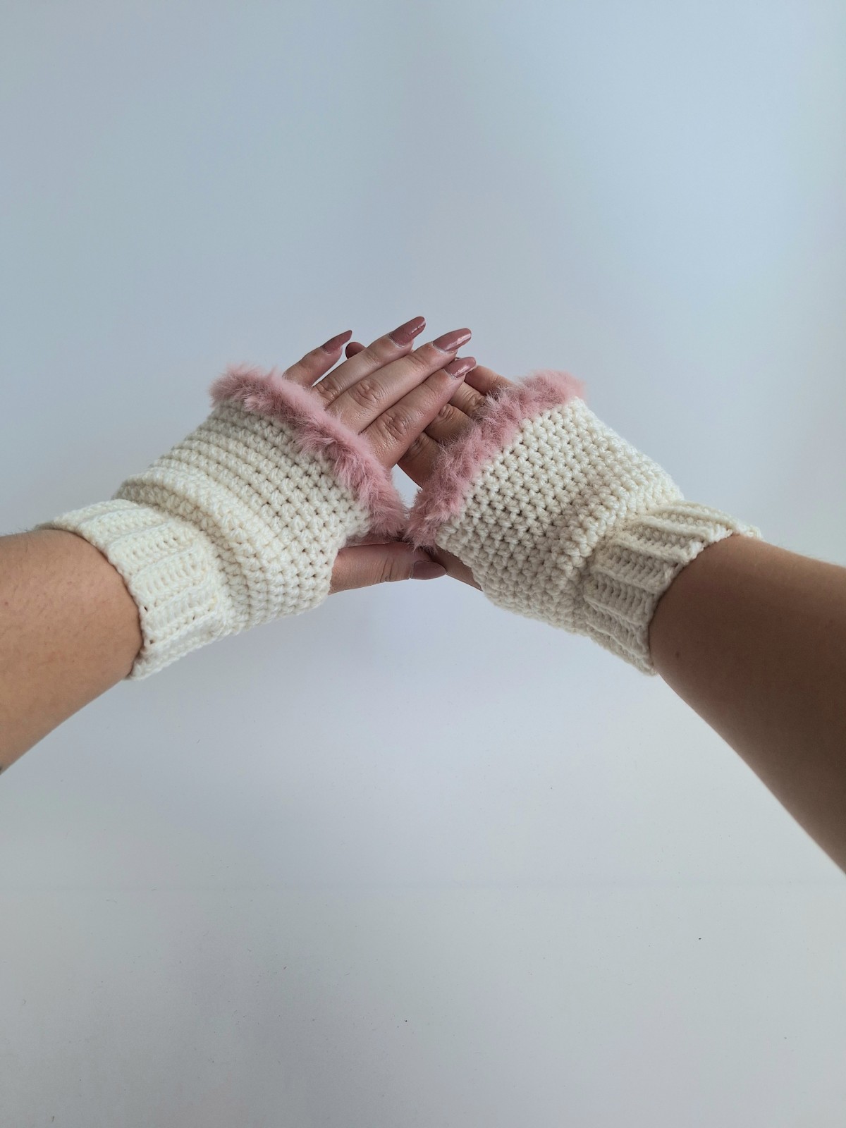 Gehaakte handschoenen - gehaakte vingerloze handschoenen | Crème en poederroze