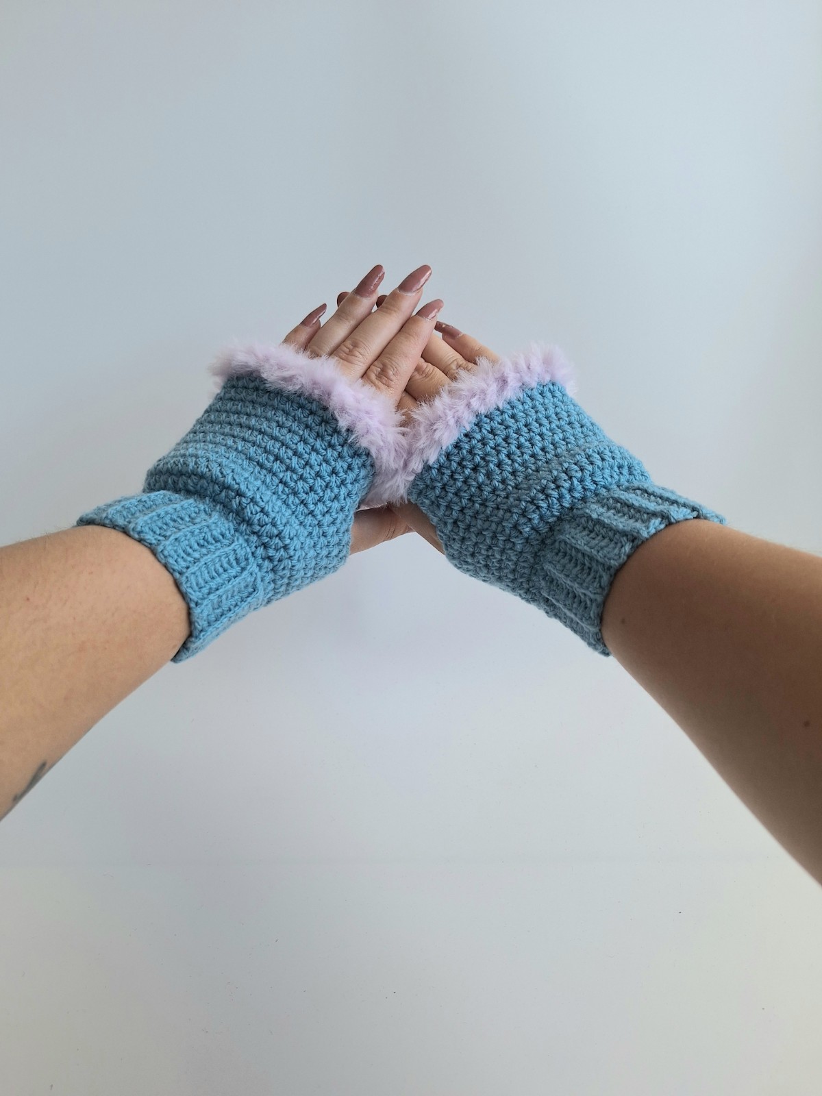 Gehaakte handschoenen - gehaakte vingerloze handschoenen | Denimblauw en lila