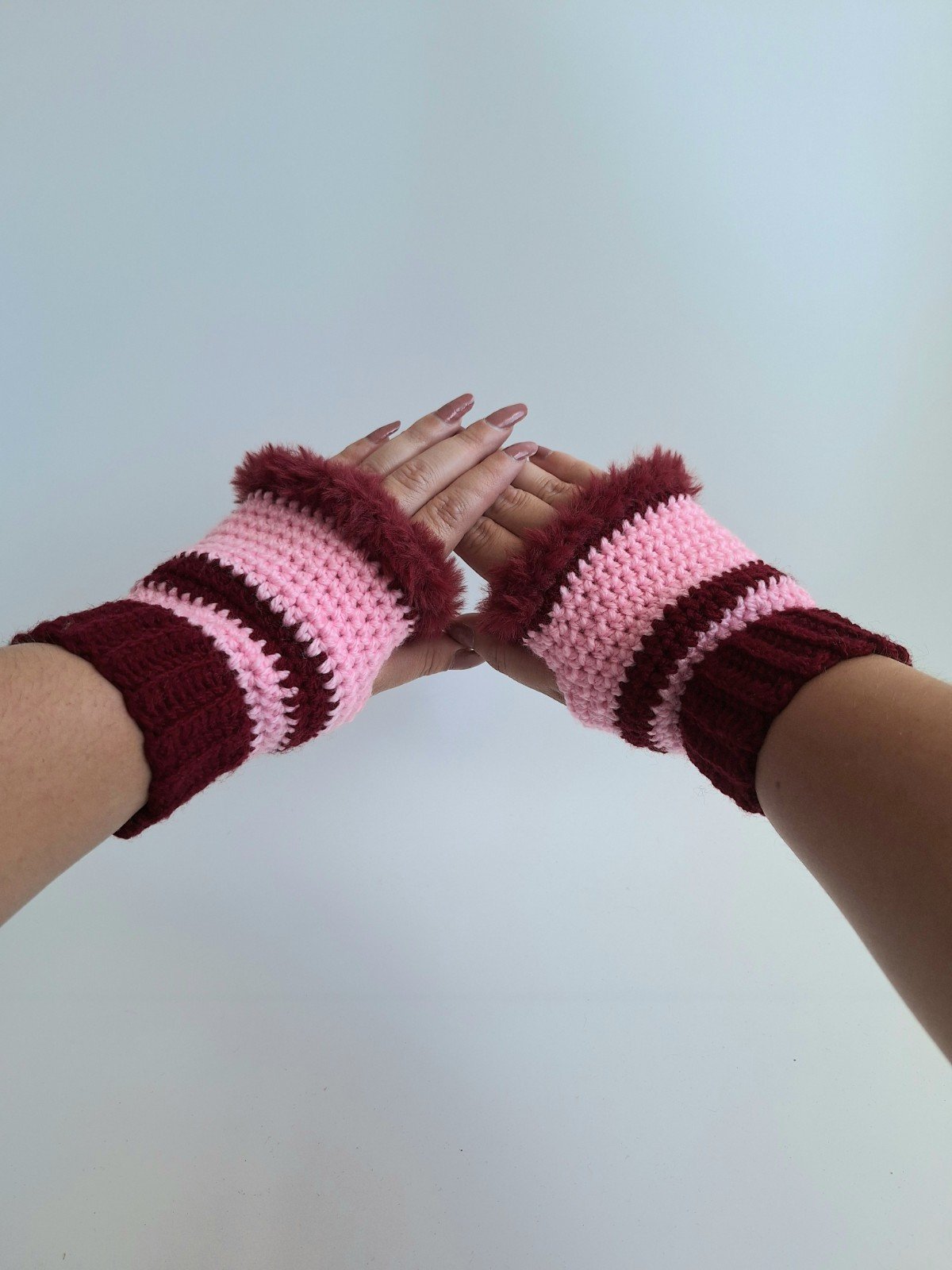 Gehaakte handschoenen - gehaakte vingerloze handschoenen | Wijnrood e… - 96947 Gehaakte handschoenen - gehaakte vingerloze handschoenen | Wijnrood en lichtroze