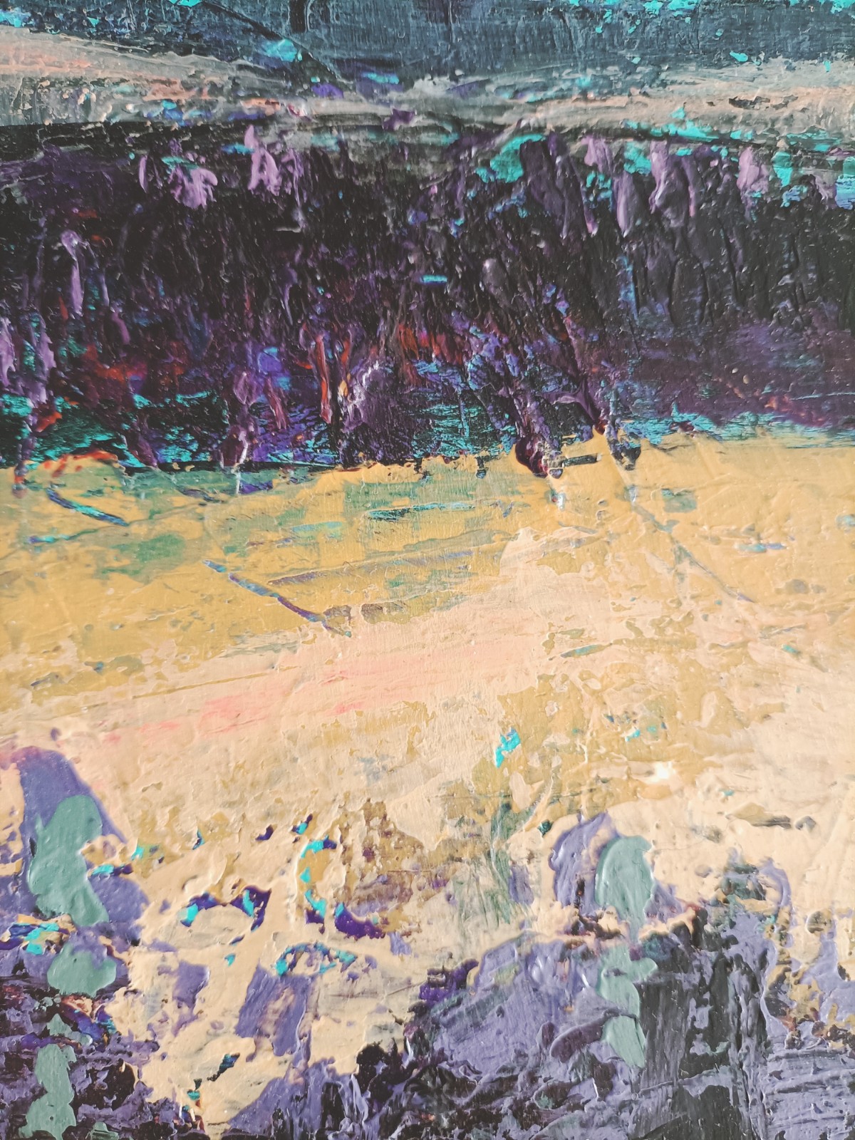 Landschap schilderij - mixed media - geel blauw - 97608 Landschap schilderij - mixed media - geel blauw