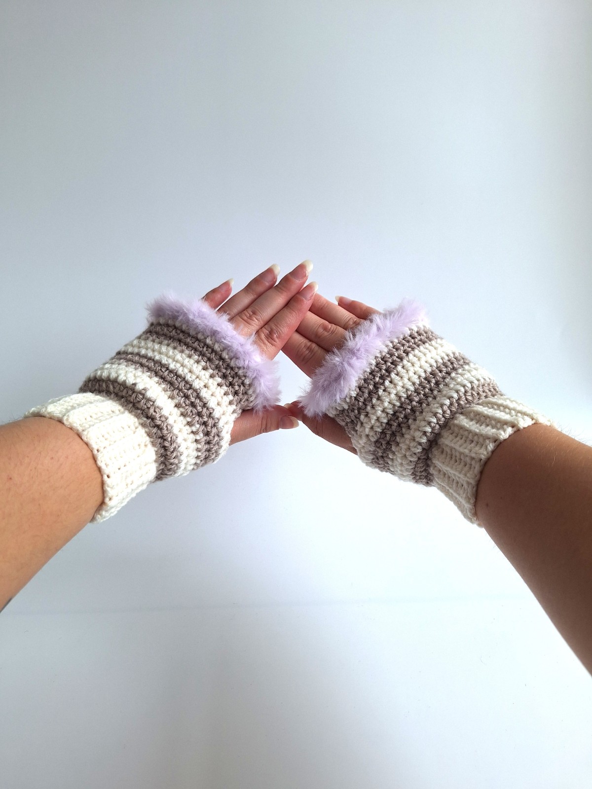 Gehaakte handschoenen - gehaakte vingerloze handschoenen | Crème, beige en lila