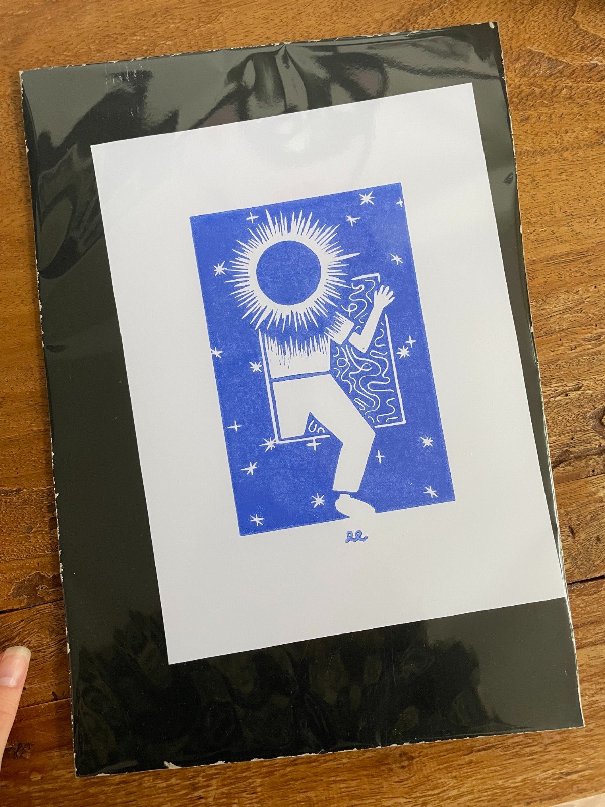 Handgedrukte lino print 18 x 24 cm - 'Zonnetje in huis'