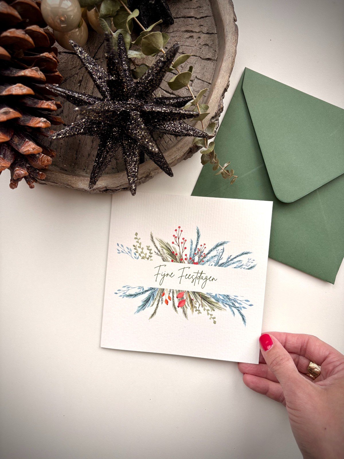 Kerstkrans III - 100039 Unieke handgeschilderde botanische kerstkaart met envelop - Kerstkrans III