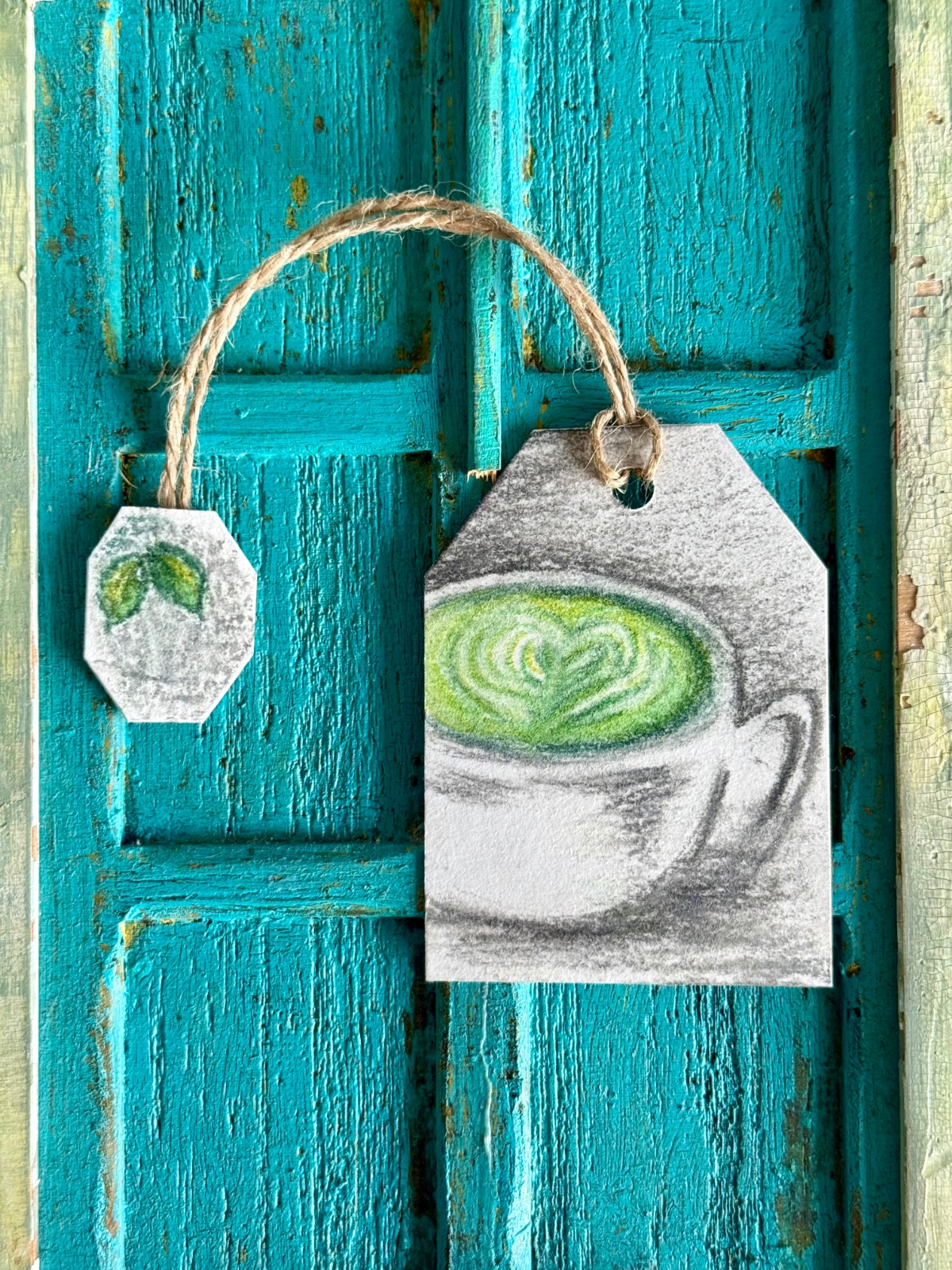 "Matcha" Teamark – Handgemaakte Theezakje-Boekenlegger (Pastel Illustratie, Acrylpapier)