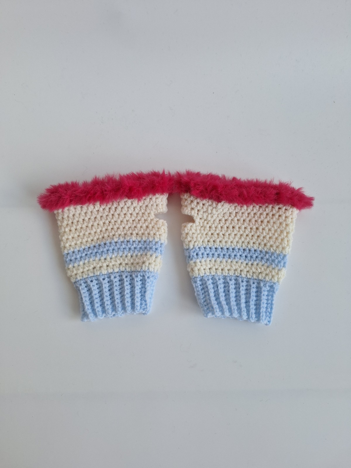 Gehaakte handschoenen - gehaakte vingerloze handschoenen | Lichtblauw… - 105965 Gehaakte handschoenen - gehaakte vingerloze handschoenen | Lichtblauw, crème en knalroze