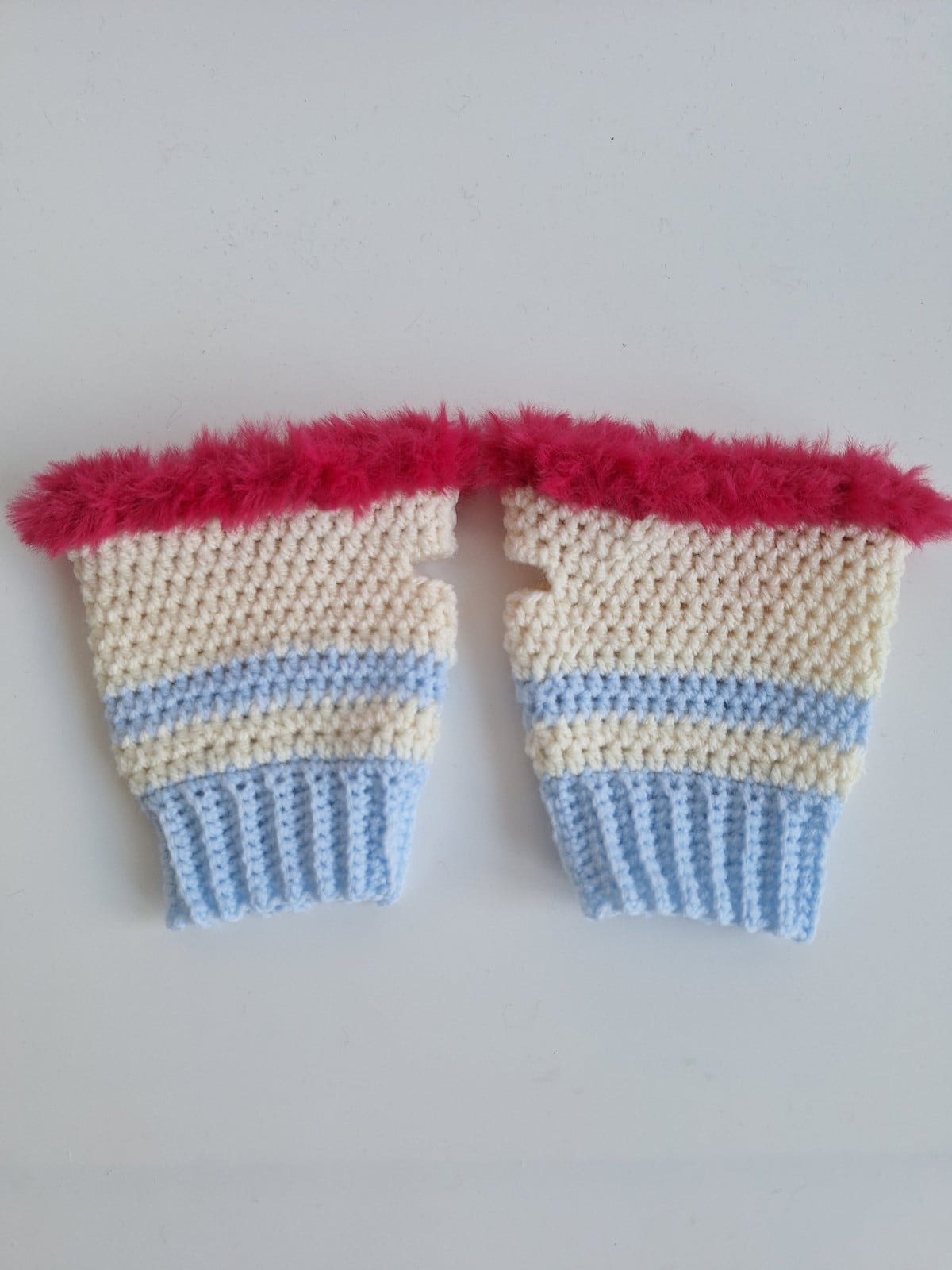 Gehaakte handschoenen - gehaakte vingerloze handschoenen | Lichtblauw… - 105970 Gehaakte handschoenen - gehaakte vingerloze handschoenen | Lichtblauw, crème en knalroze