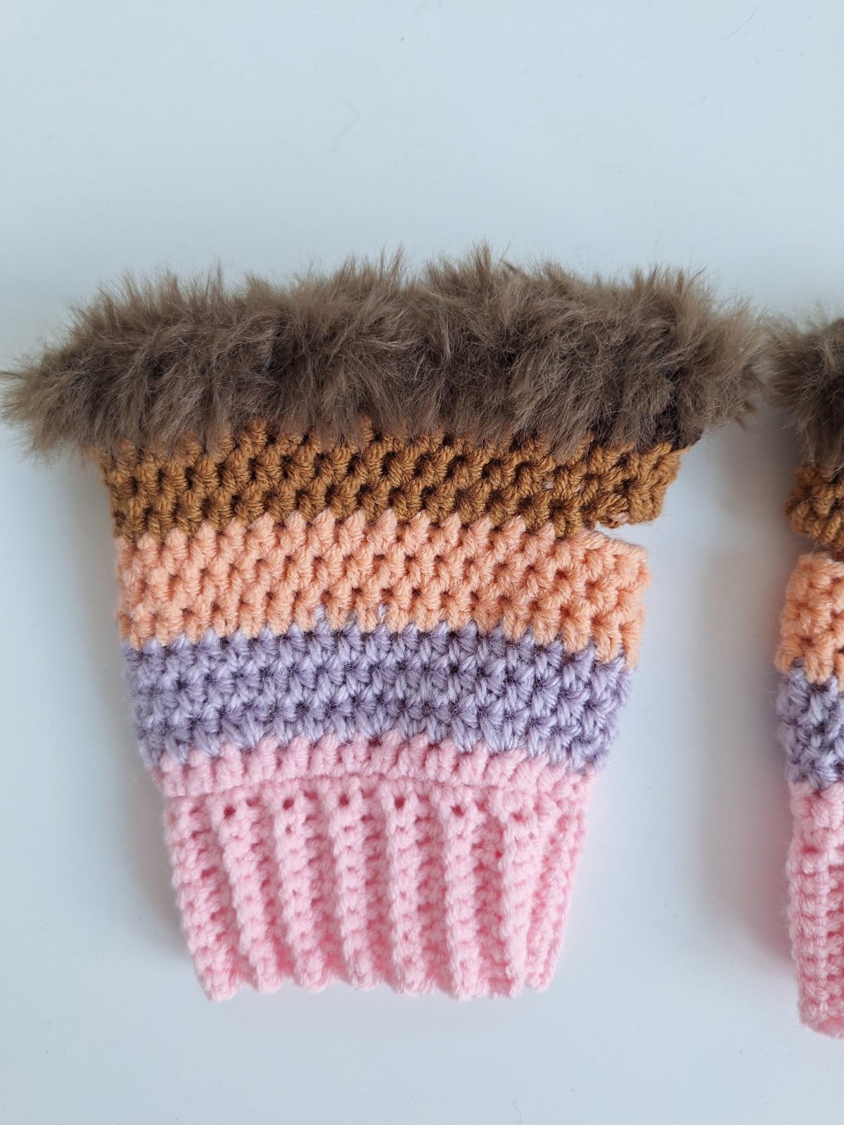 Gehaakte handschoenen - gehaakte vingerloze handschoenen | Lichtroze, lila, perzik, karamelbruin en donkerbruin