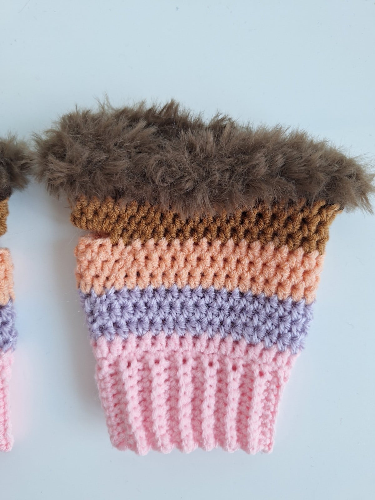 Gehaakte handschoenen - gehaakte vingerloze handschoenen | Lichtroze, lila, perzik, karamelbruin en donkerbruin