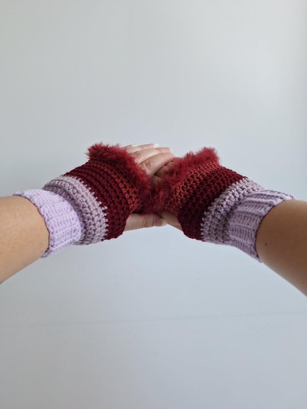 Gehaakte handschoenen - gehaakte vingerloze handschoenen | Lila, taupe en wijnrood