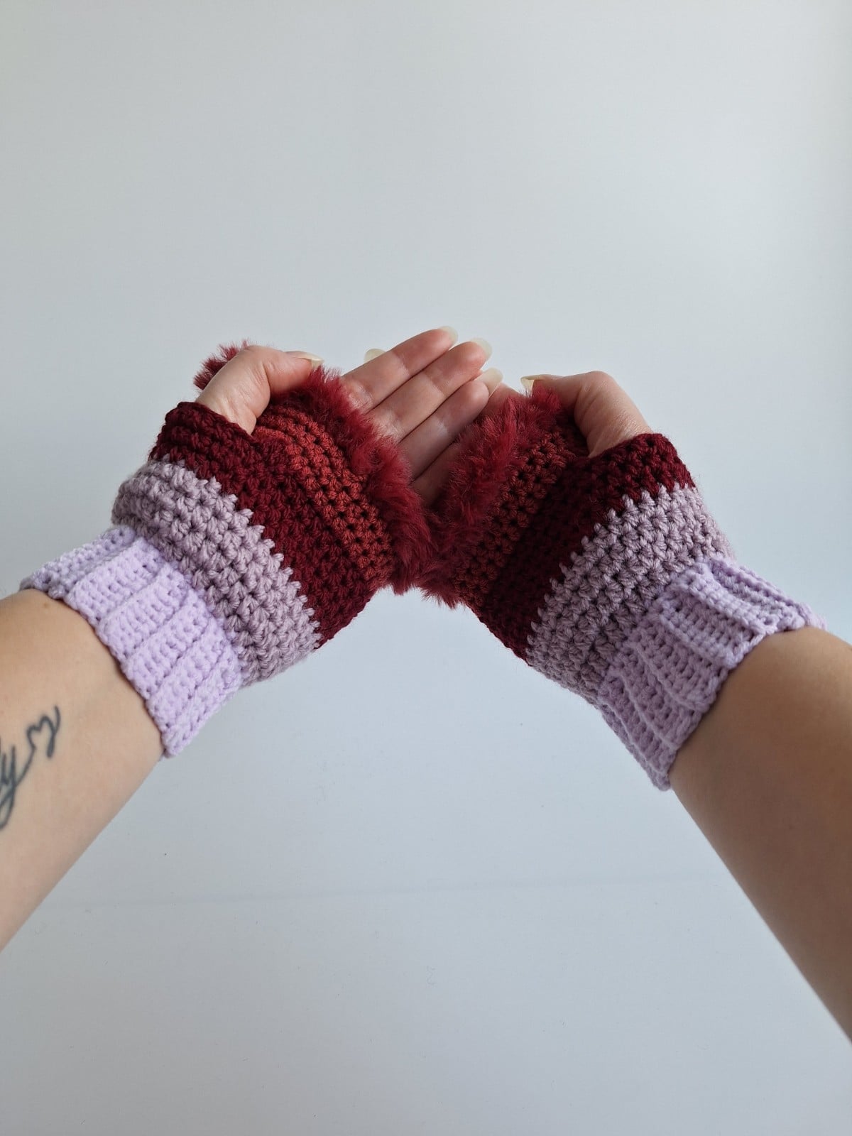 Gehaakte handschoenen - gehaakte vingerloze handschoenen | Lila, taupe en wijnrood