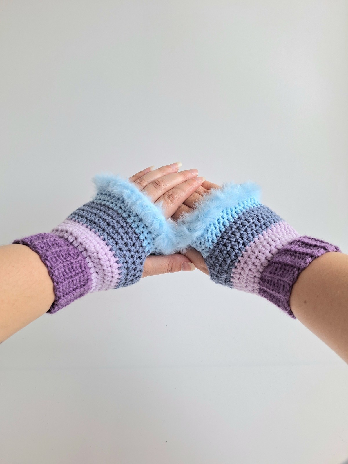 Gehaakte handschoenen - gehaakte vingerloze handschoenen | Paars, lila, denimblauw en lichtblauw